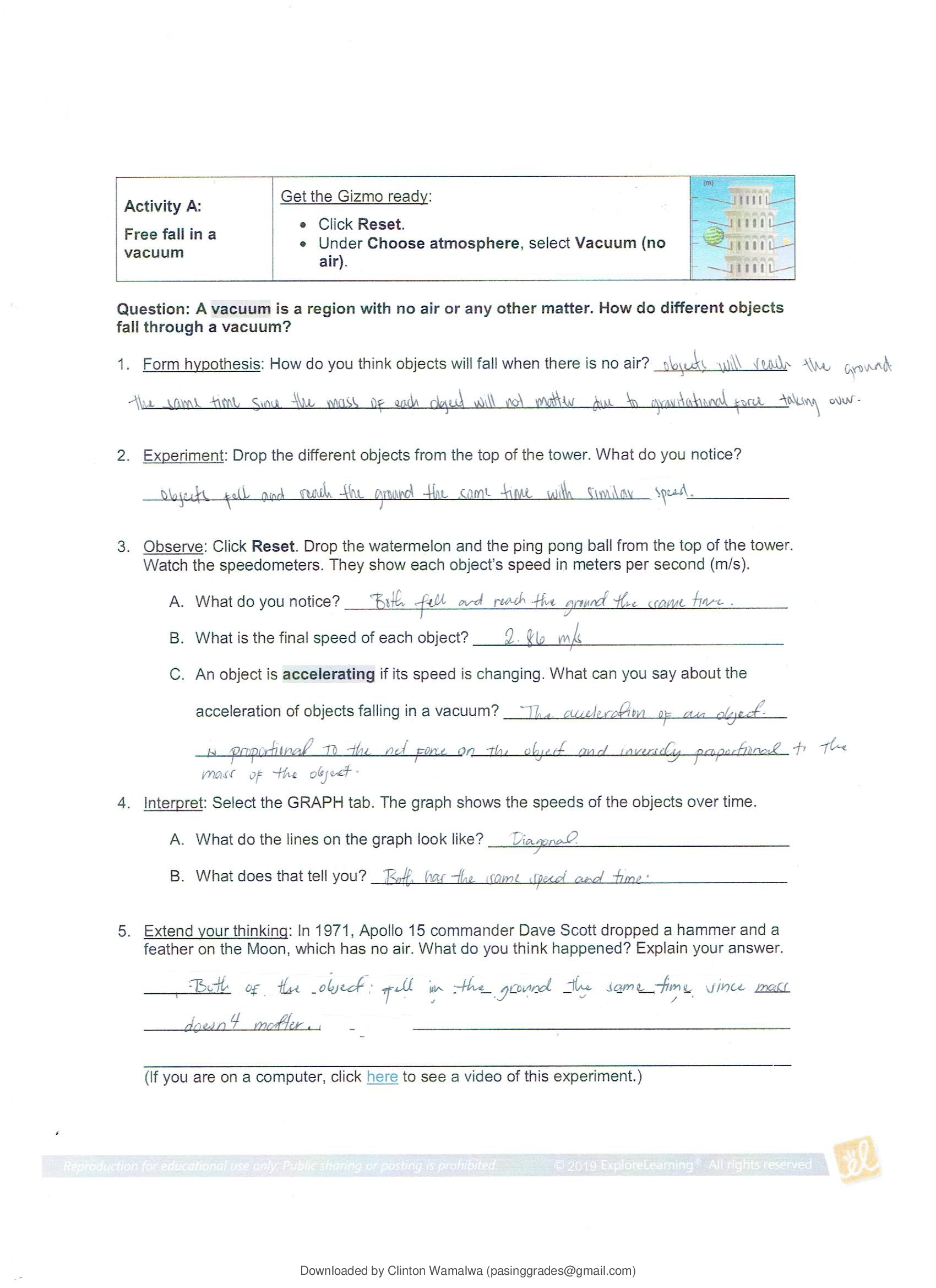 Physics Gizmo. Free fall in a vacuum