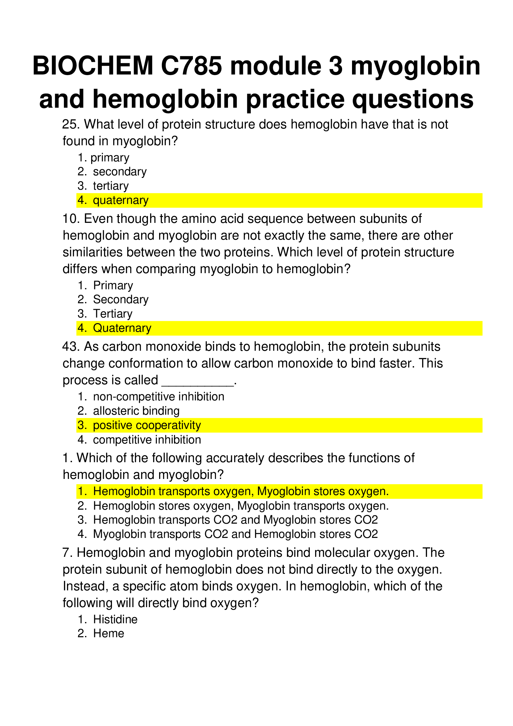 BIOCHEM C785 module 3 myoglobin and hemoglobin practice questions