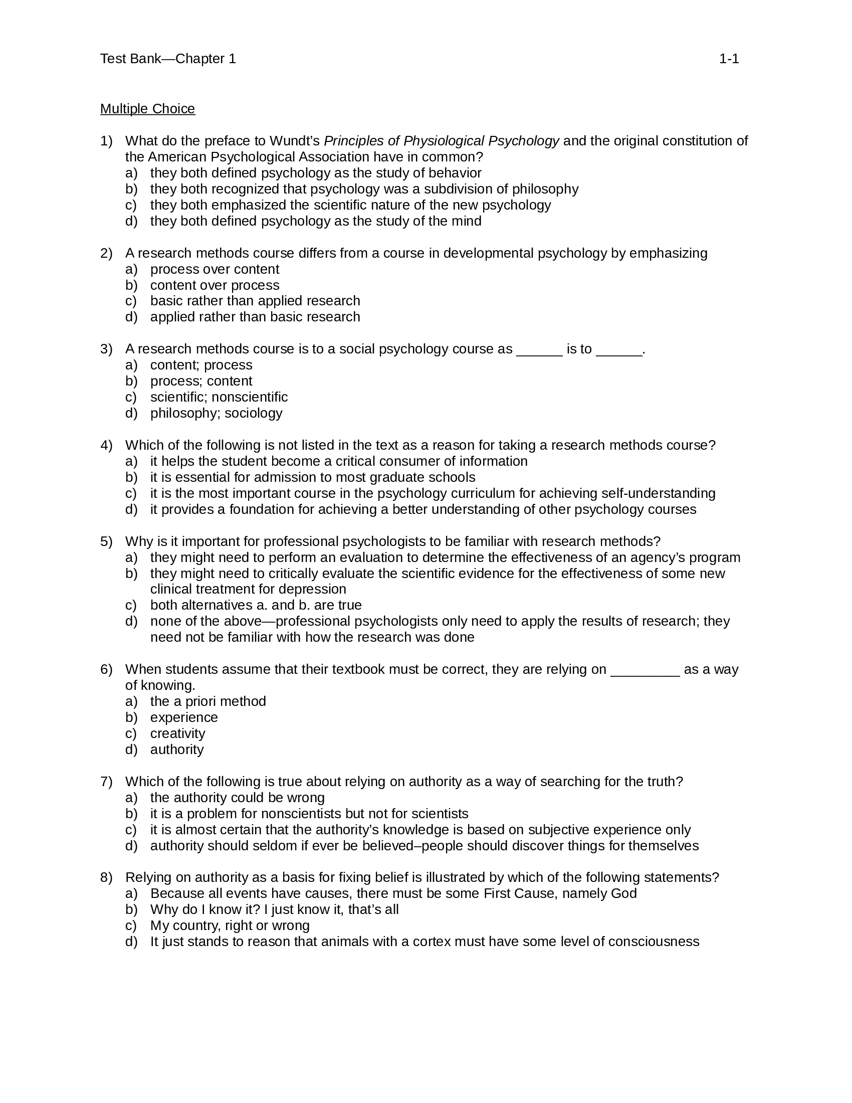 Test Bank for Research in Psychology, Methods and Design 9th Edition by Kerri Goodwin