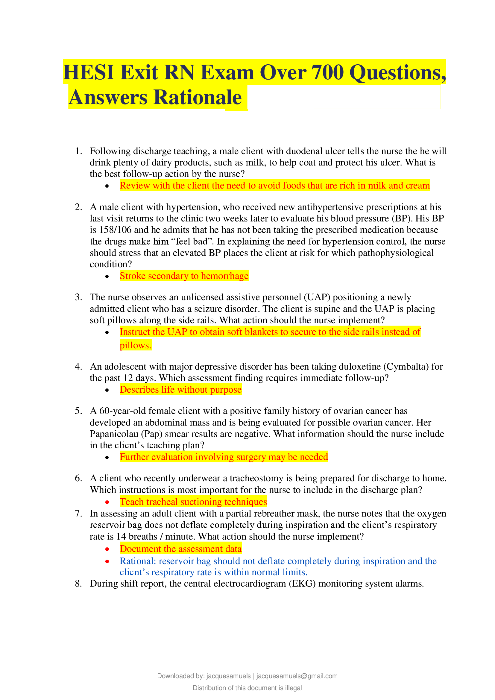 HESI Exit RN Exam More than 700 Questions, Answers Rationale New 2019, 2020, 2021 latest