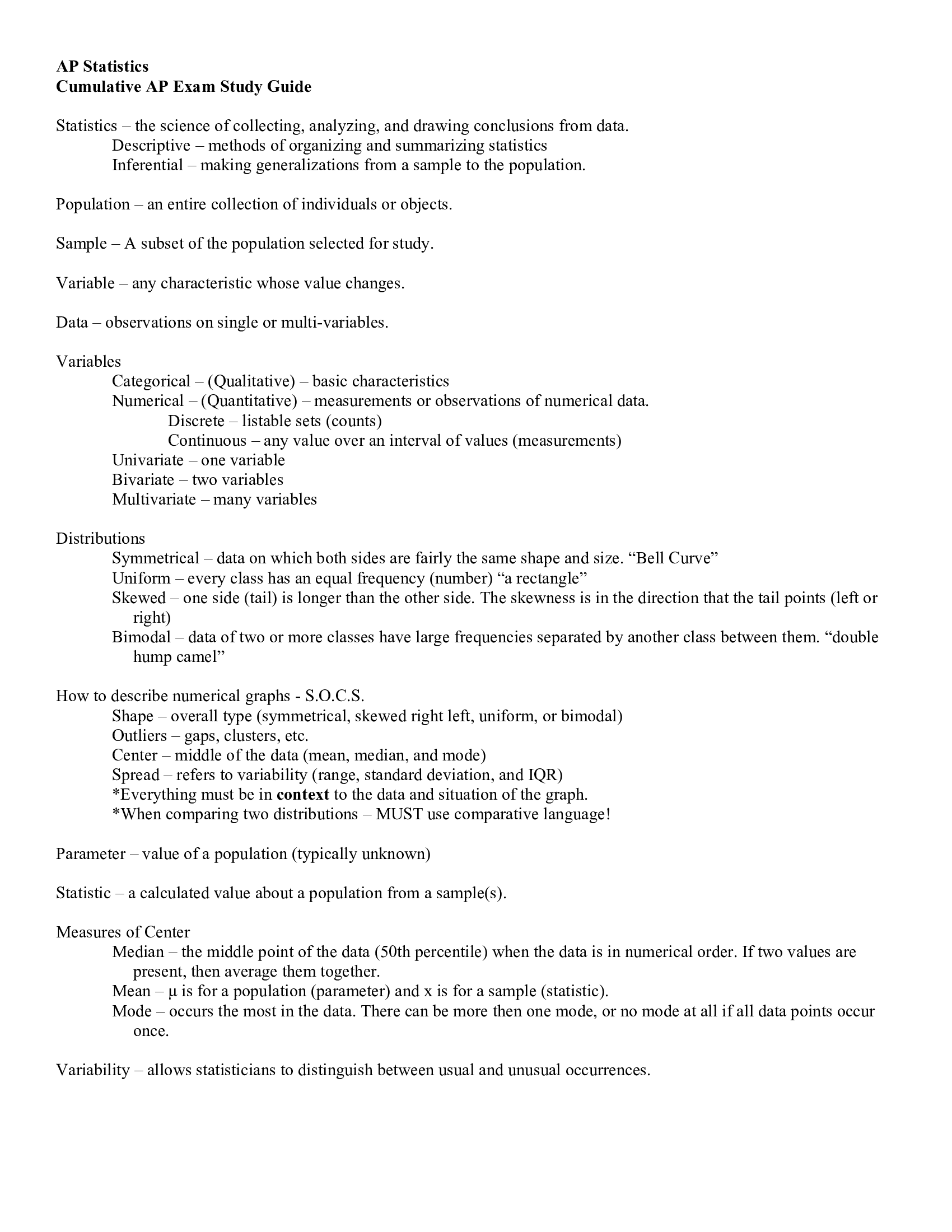 Cumulative AP Exam Study Guide (Statistics)