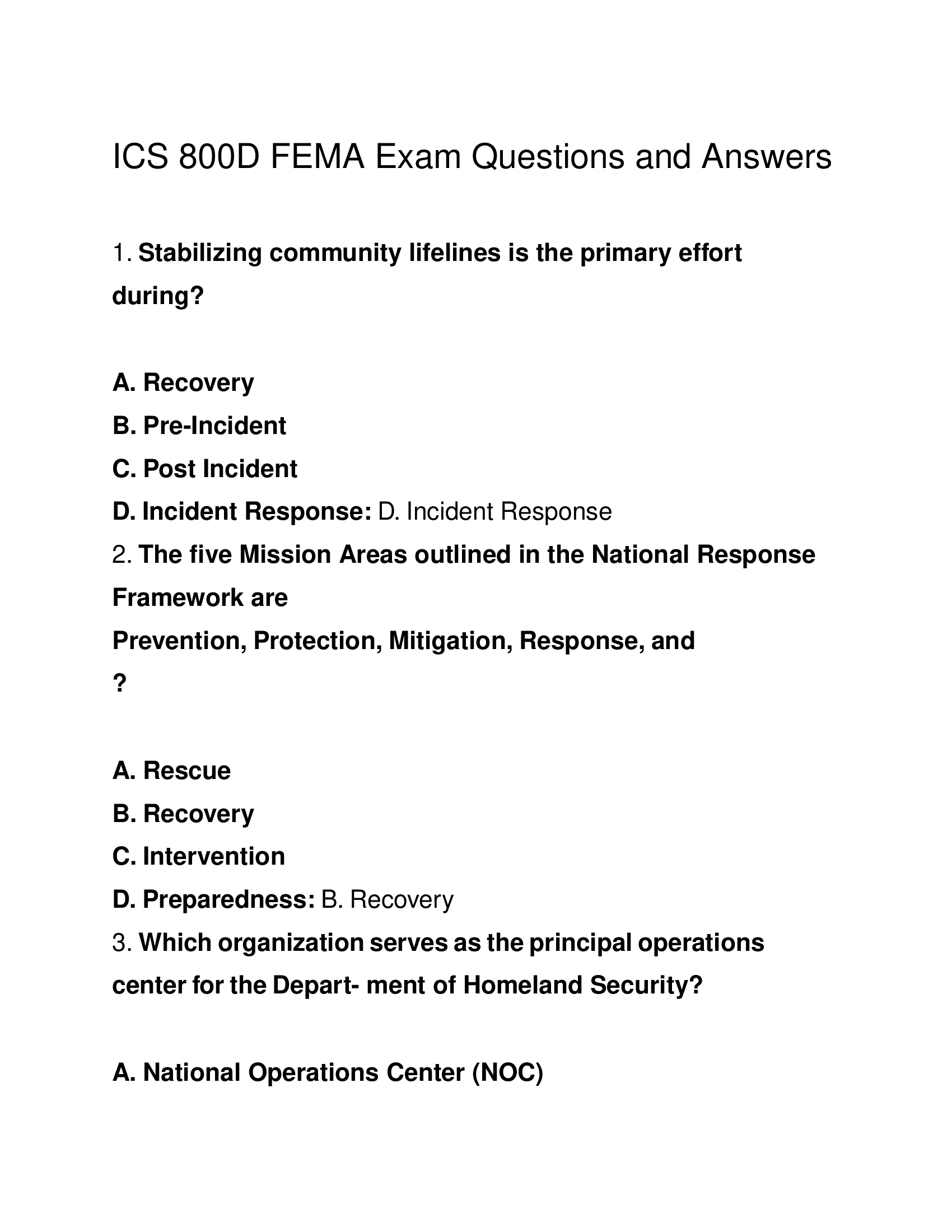 ICS 800D FEMA Exam Questions and Answers 2026