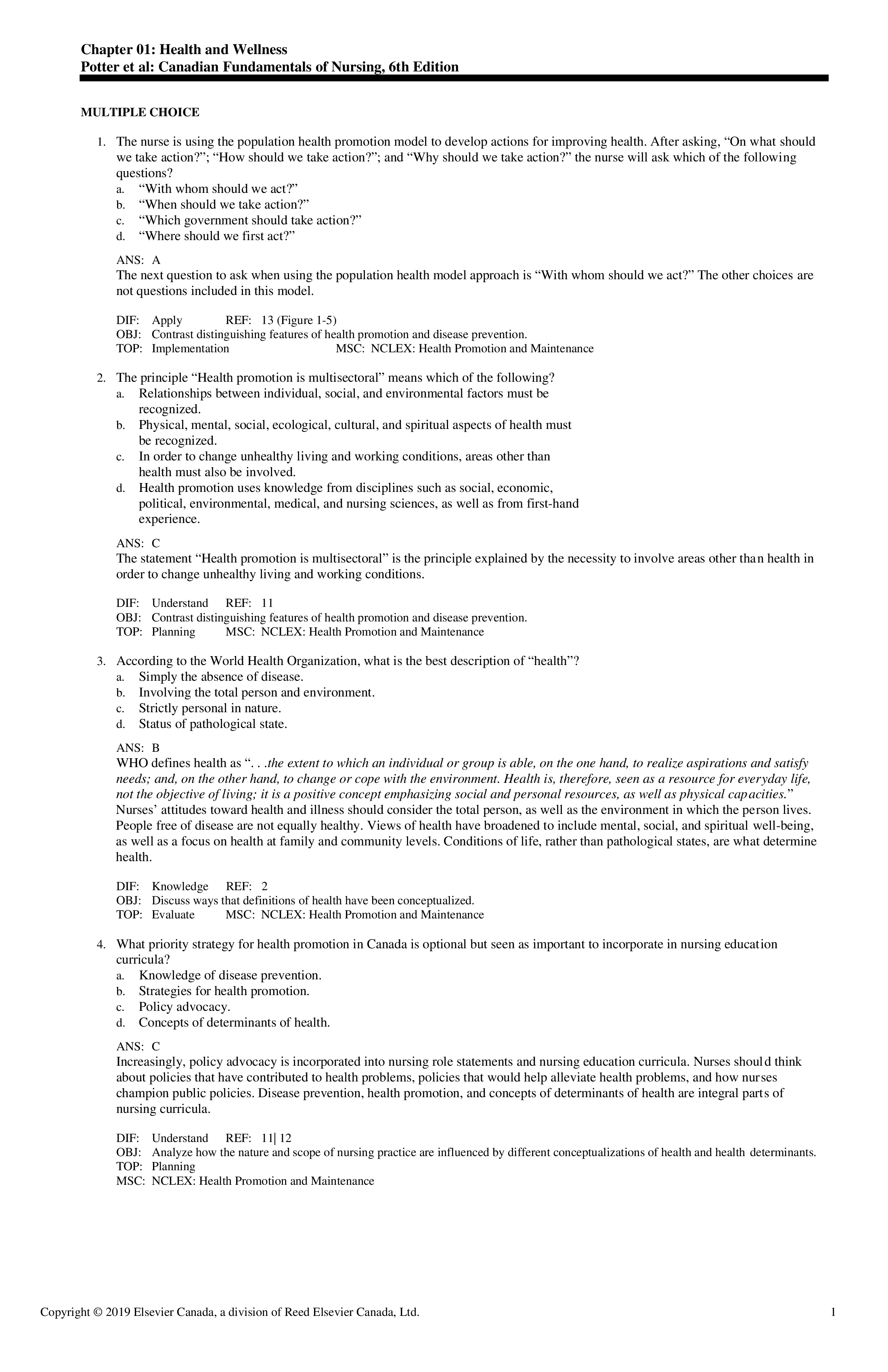 Best Test Bank for Canadian Fundamentals of Nursing 6th Edition by Potter