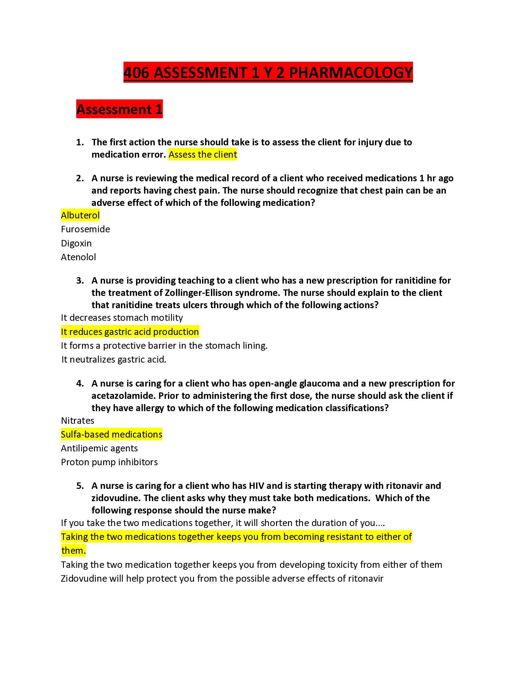 ATI NUR406 PHARMACOLOGY ASSESSMENT 1 AND 2 COMPLETE LATEST VERIFIED VERSION