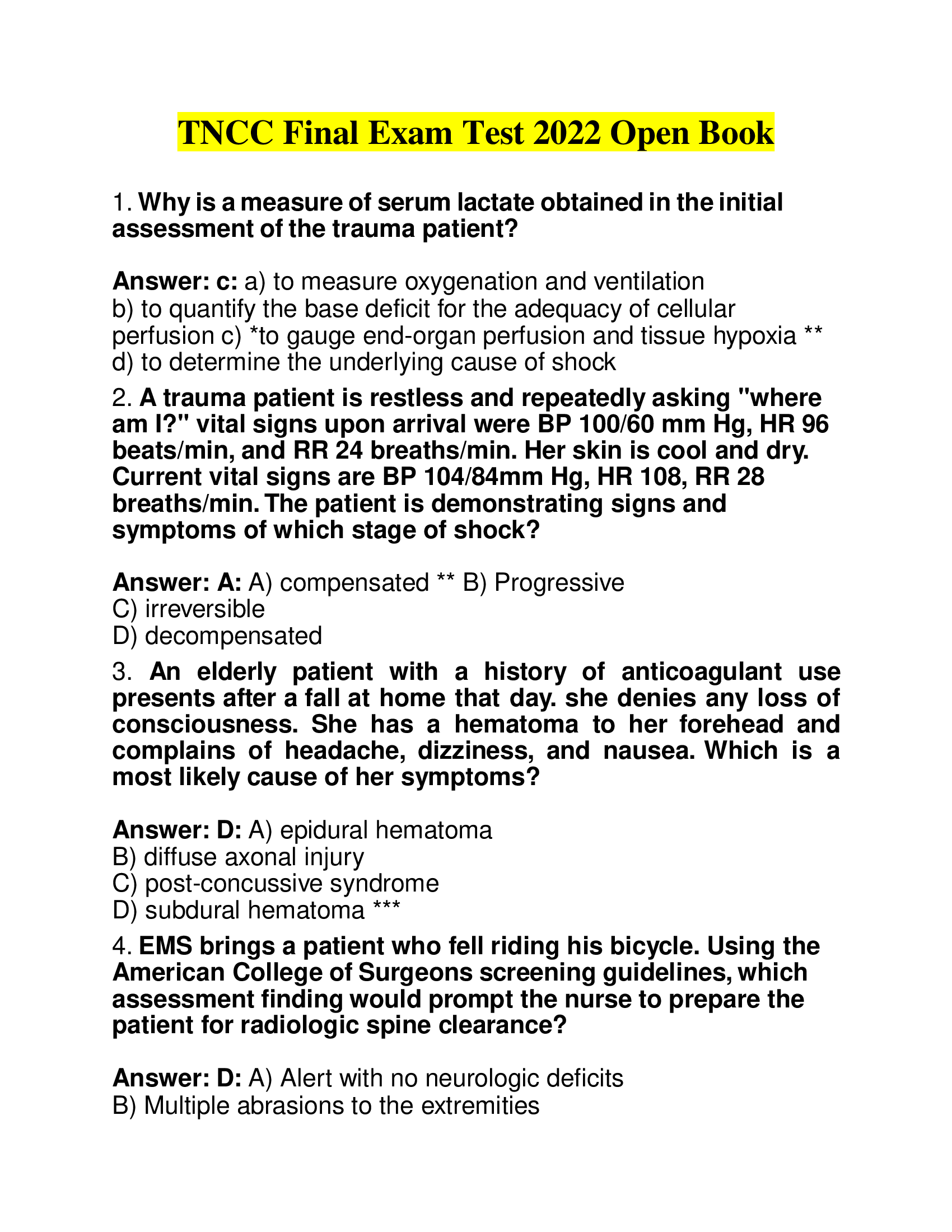 TNCC Final Exam Test 2022 Open Book