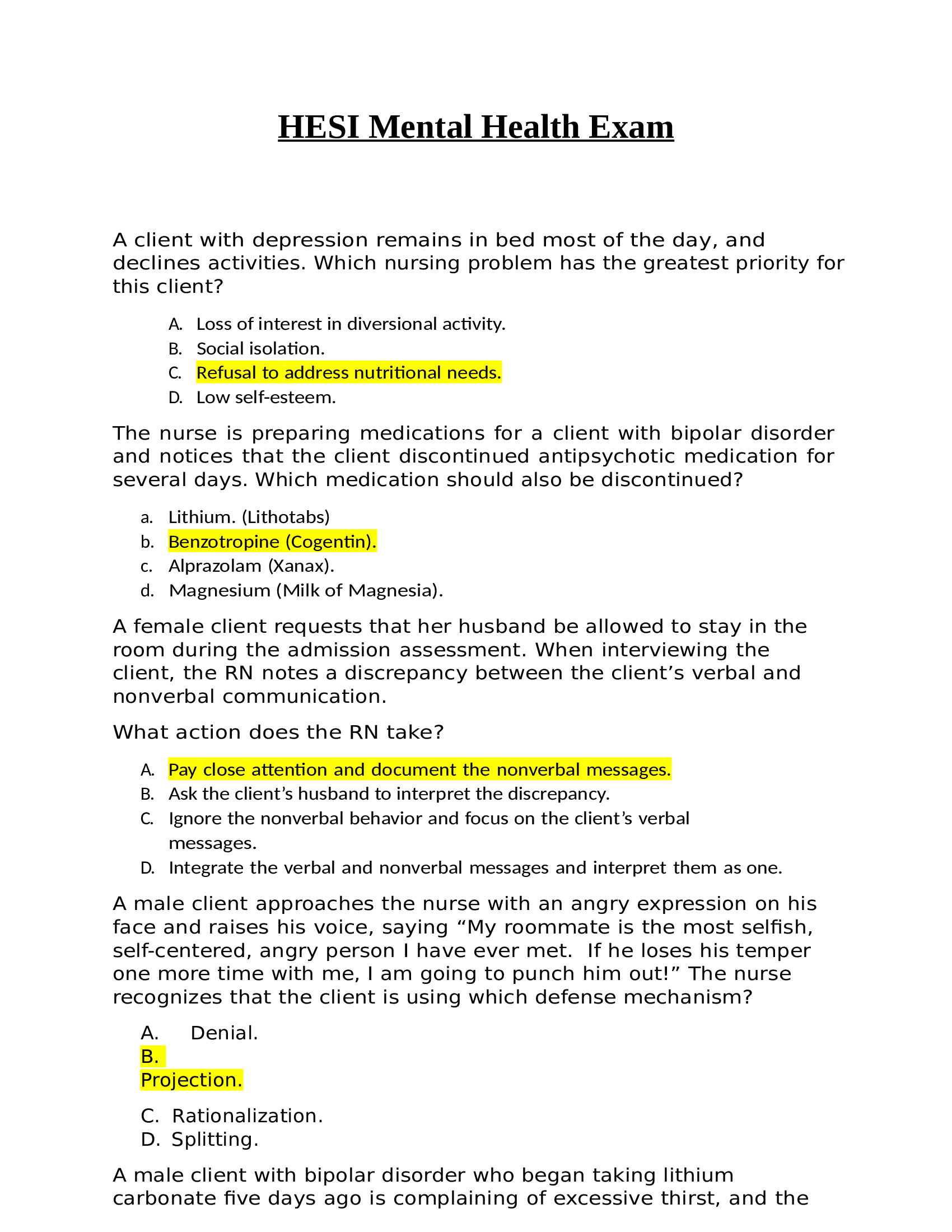 MENTAL HEALTH (PSYCH) HESI – FINAL EXAM 2022