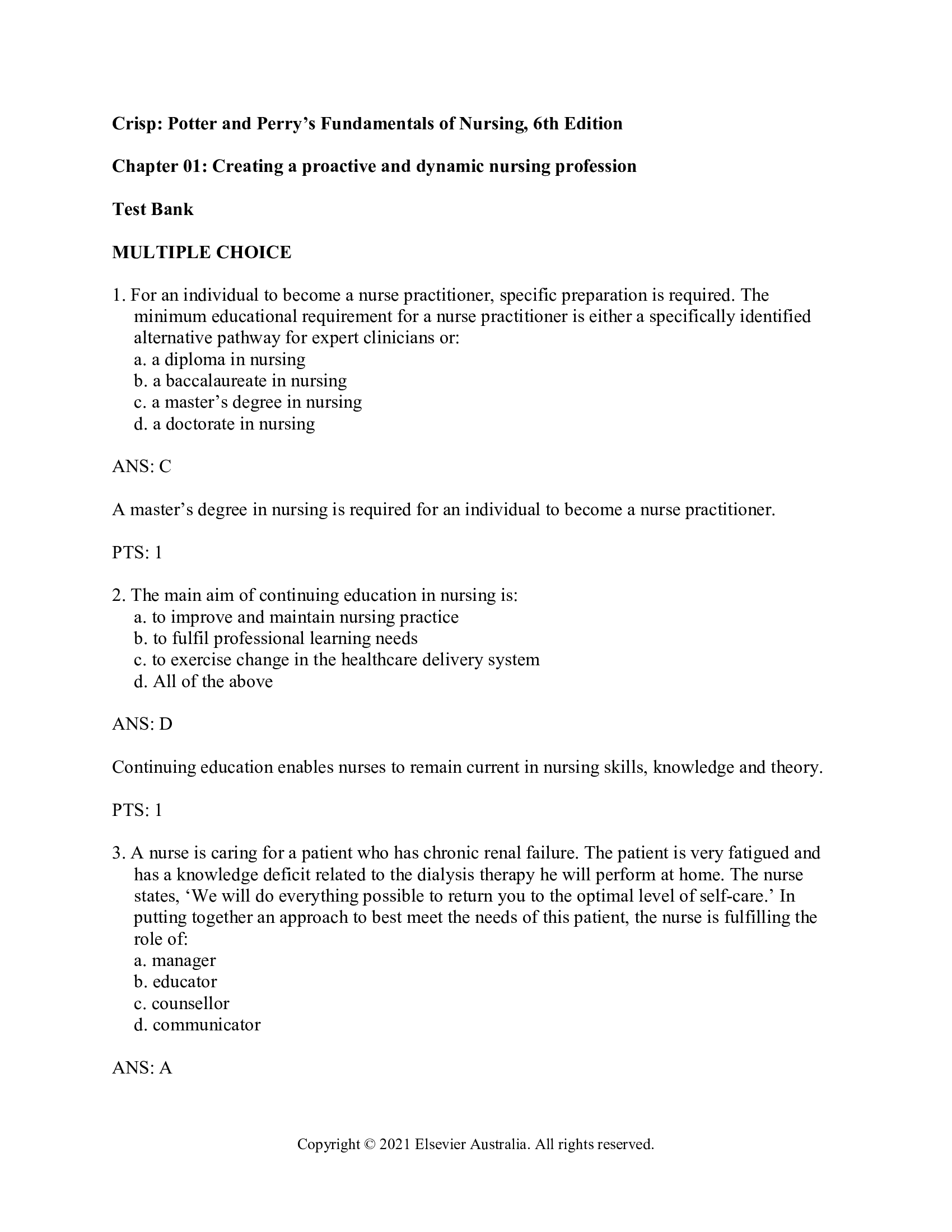 Test Bank for Fundamentals of Nursing 6th Australia and NZ Edition by Crisp