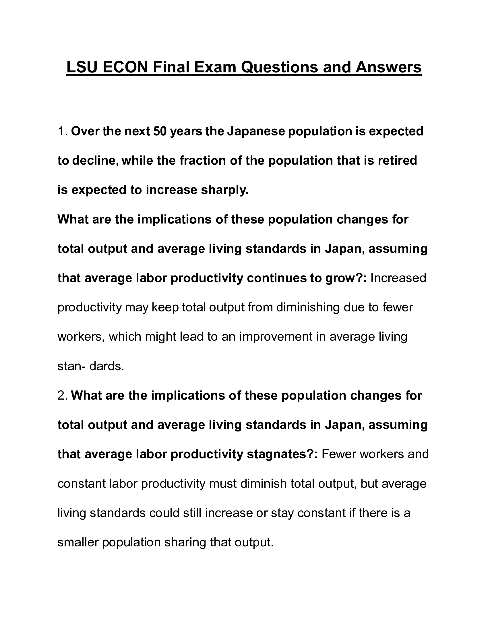 LSU ECON Final Exam Questions and Answers