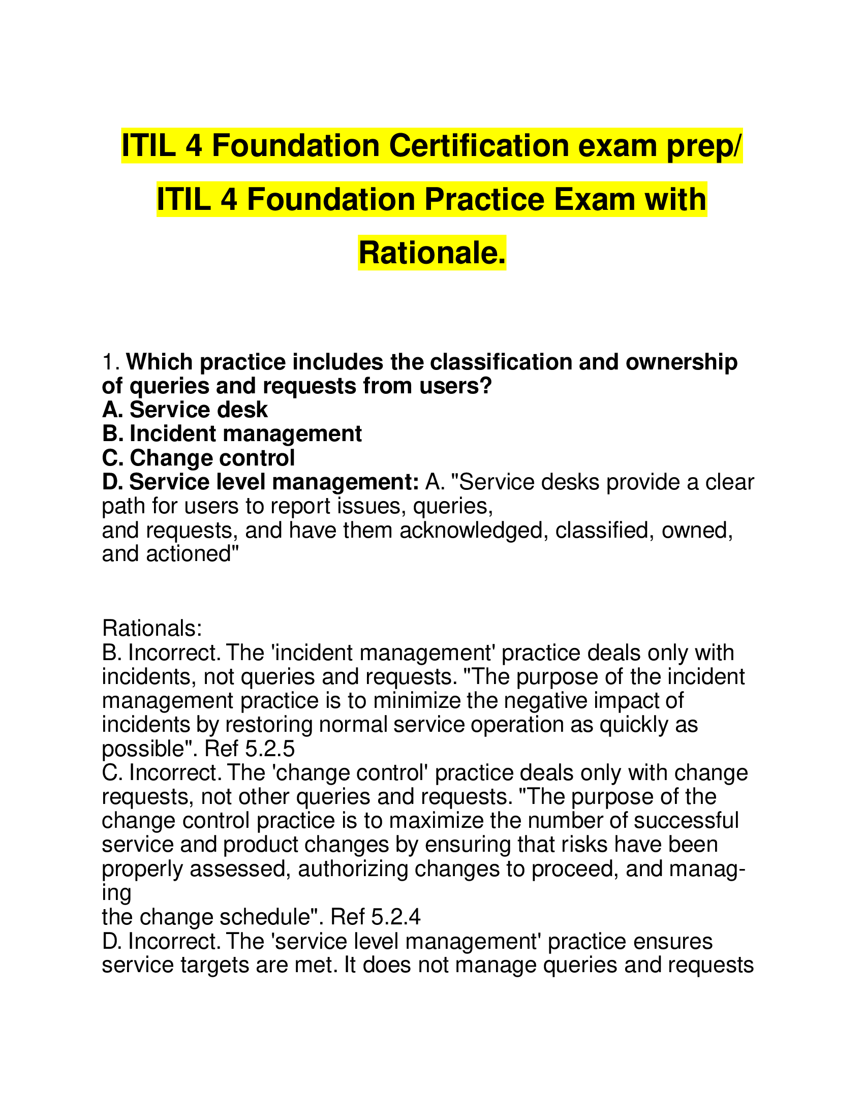 ITIL 4 Foundation Practice Exam with Rationale 2022