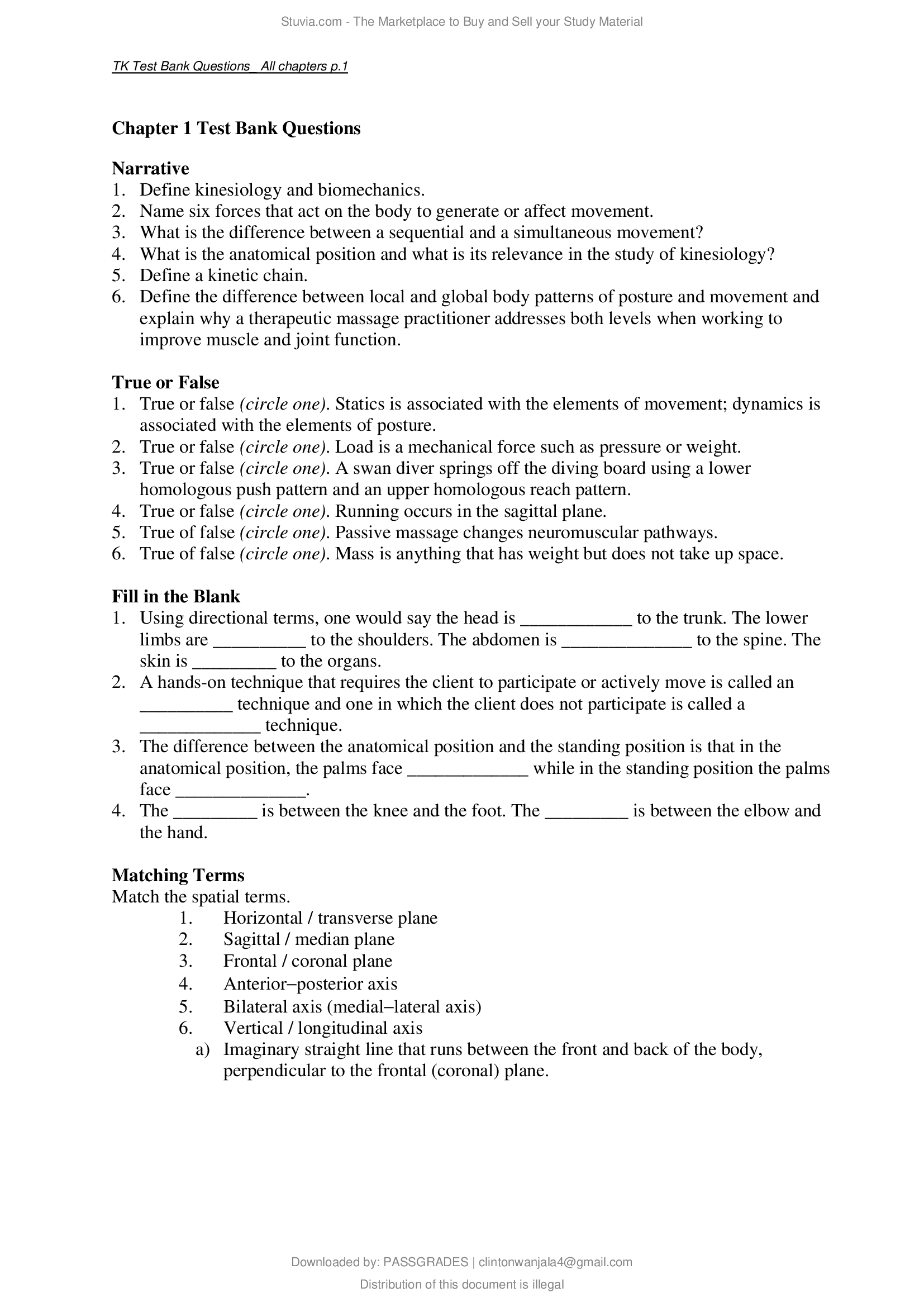 Test Bank for Therapeutic Kinesiology Musculoskeletal Systems Palpation and Body Mechanics by Foster