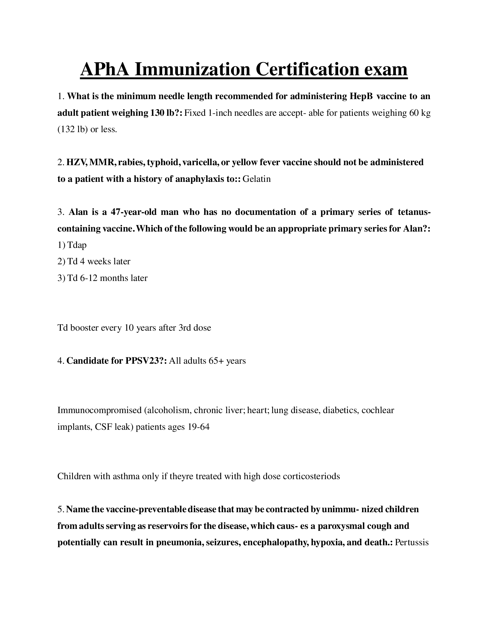 APhA Immunization Certification exam questions and answers