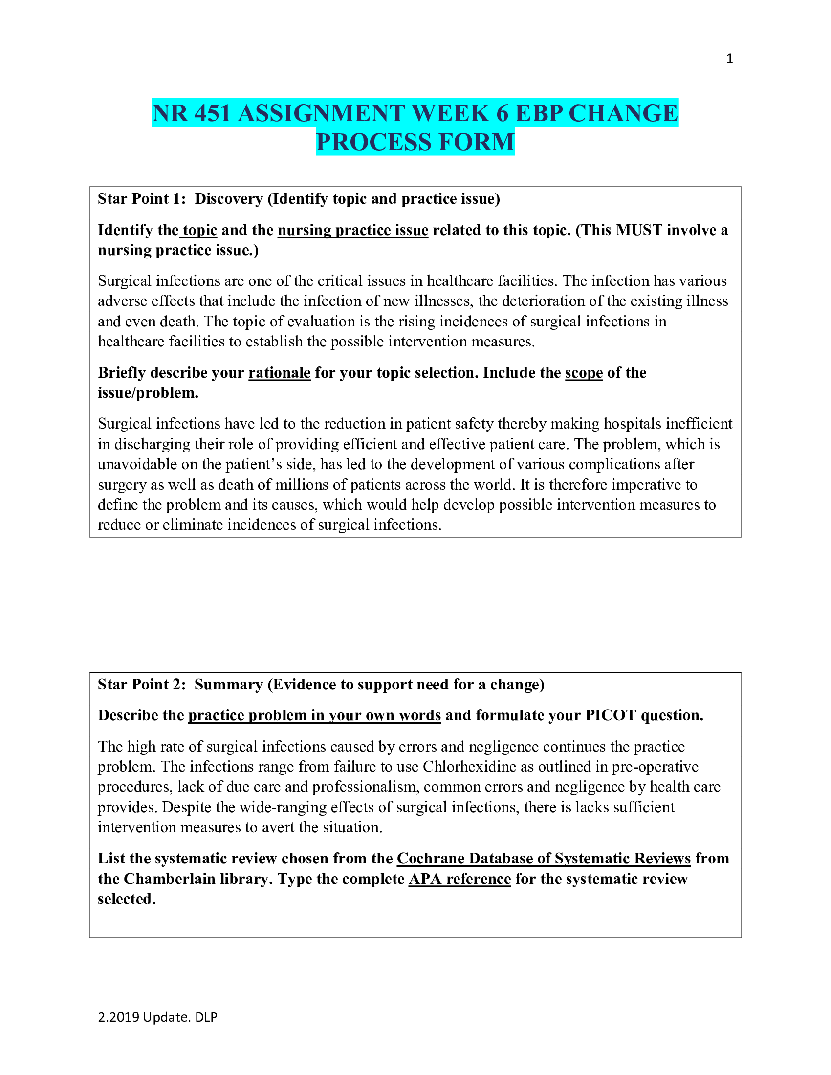 Nr 451 Assignment Week 6 Ebp Change Process Form