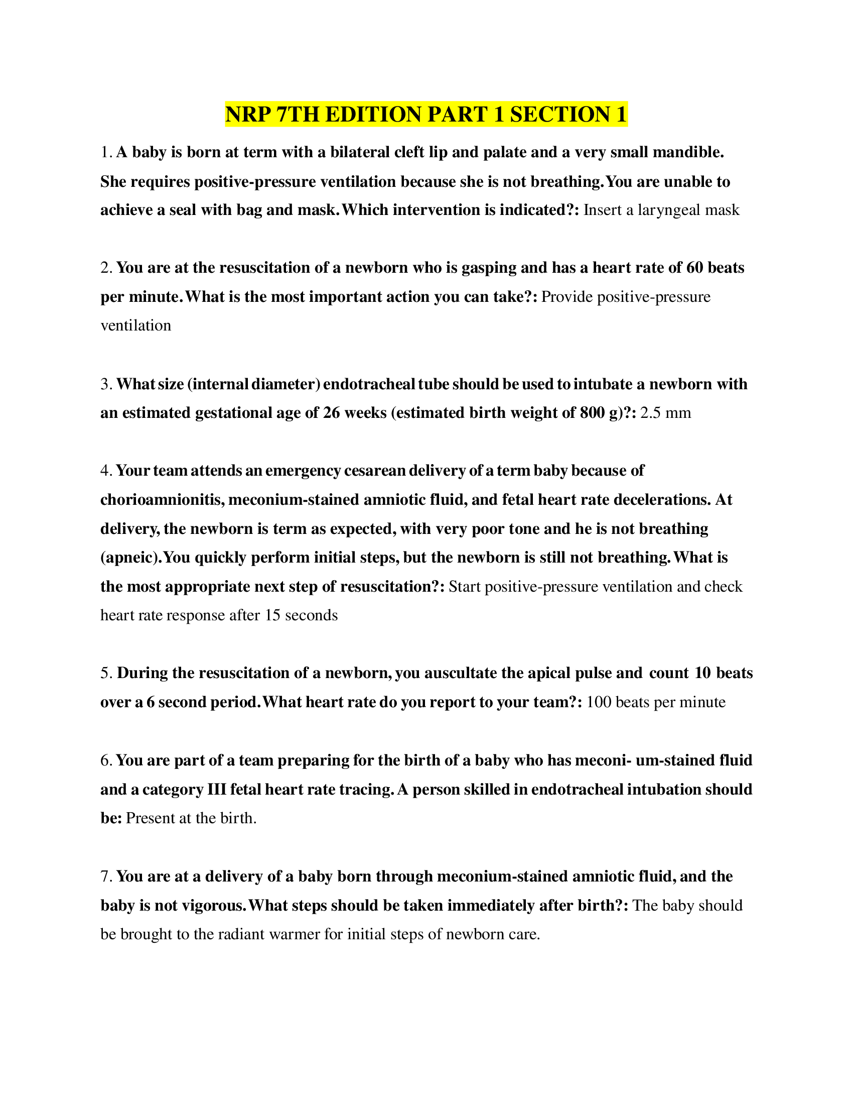 NRP 7TH EDITION PART 1 SECTION 1 QUESTIONS AND ANSWERS 2022