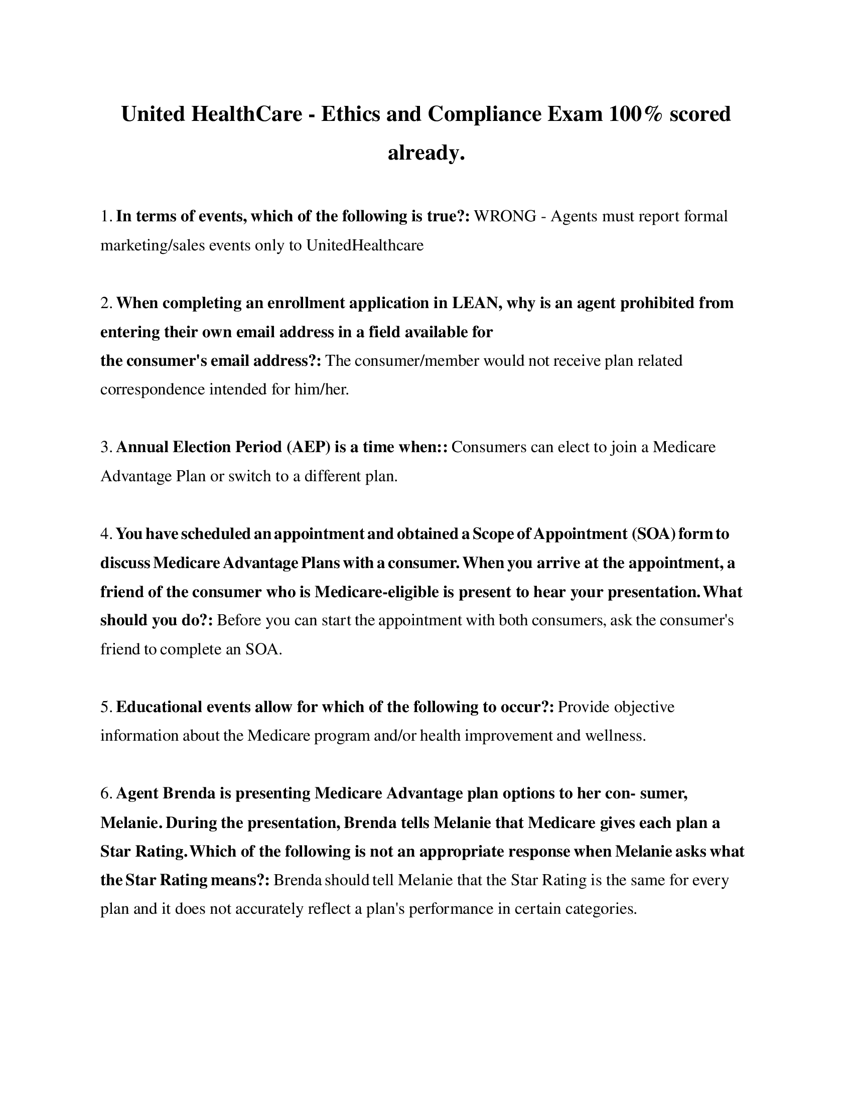 United HealthCare - Ethics and Compliance Exam