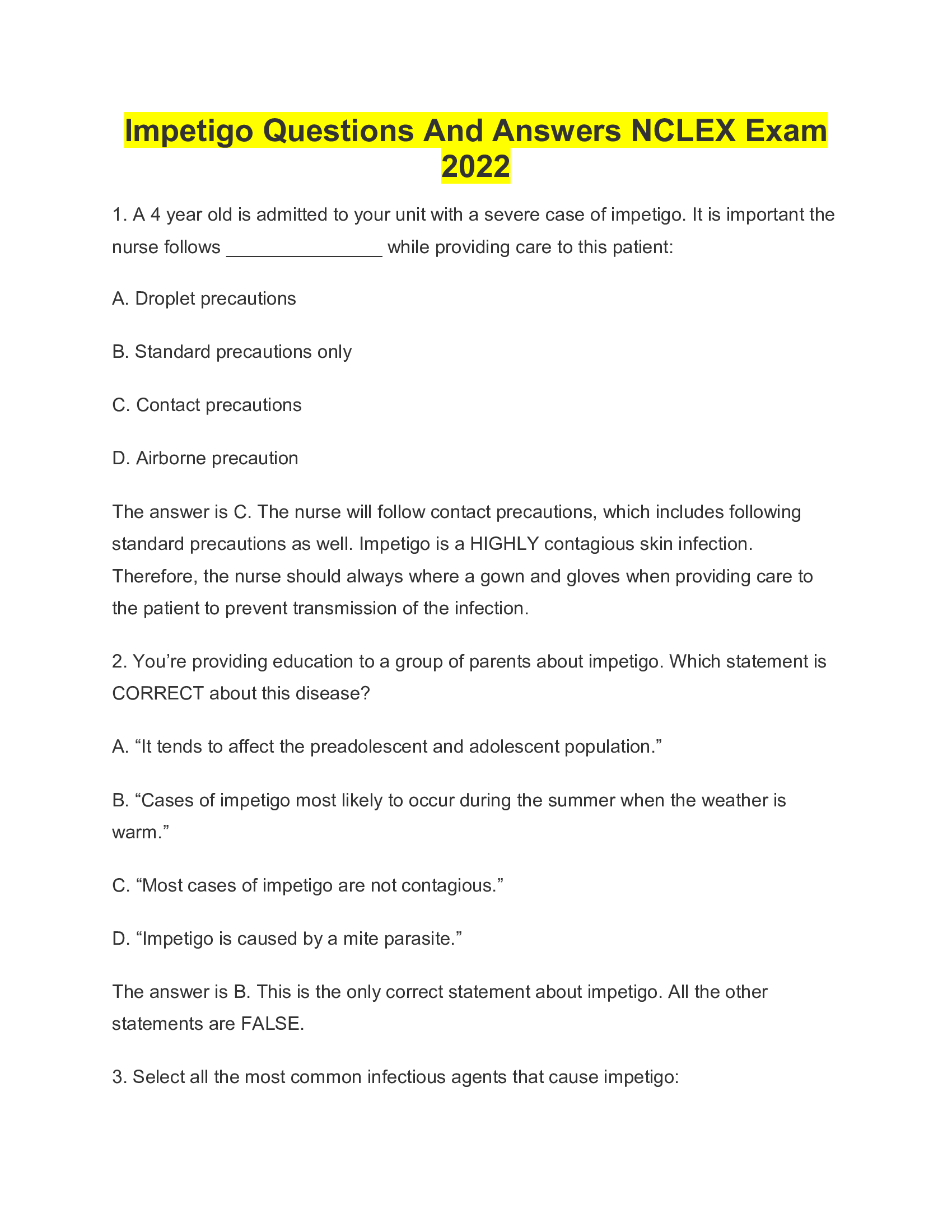 Impetigo Questions And Answers NCLEX Exam 2022
