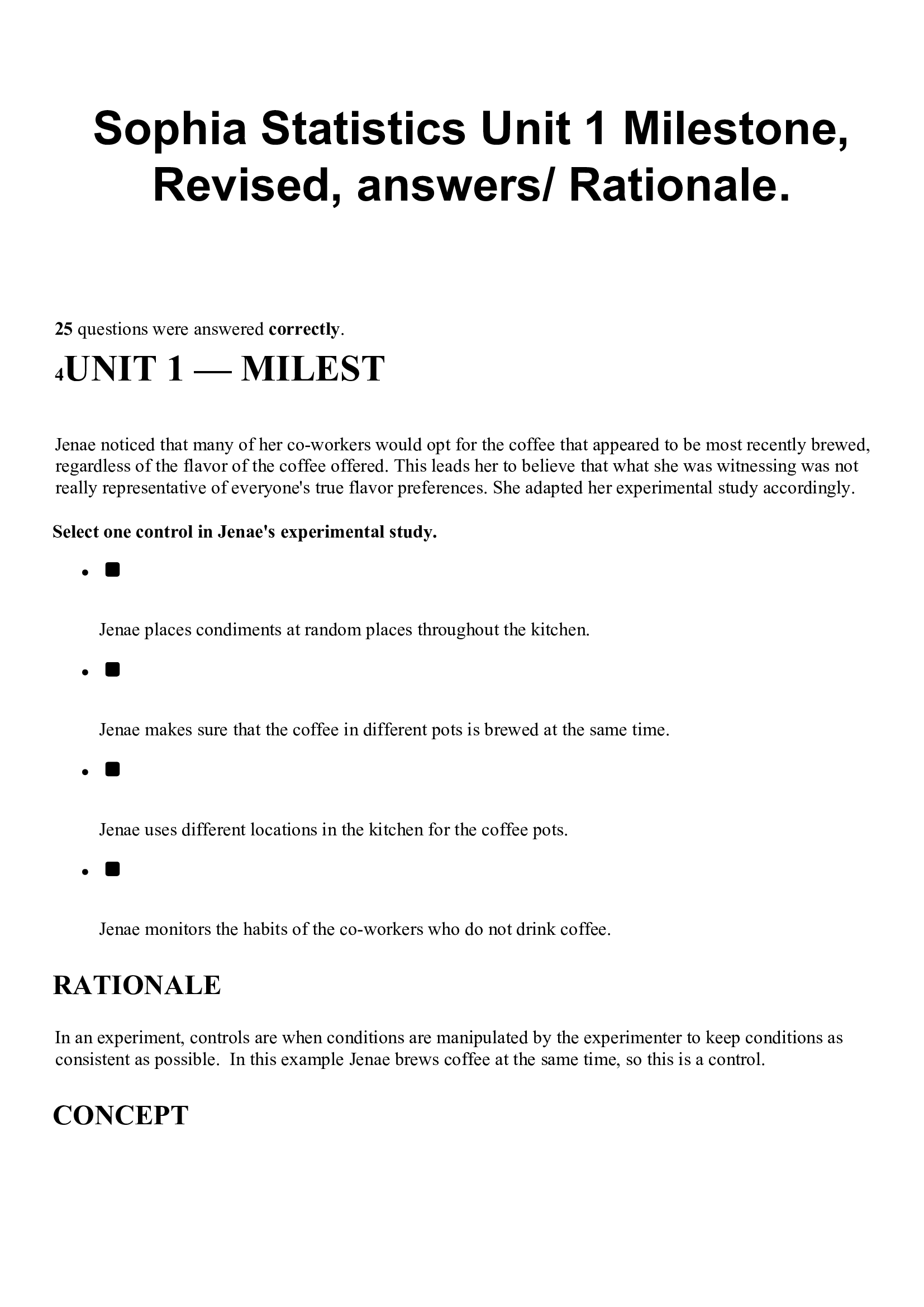 Sophia Statistics Unit 1 Milestone Revised answers Rationale