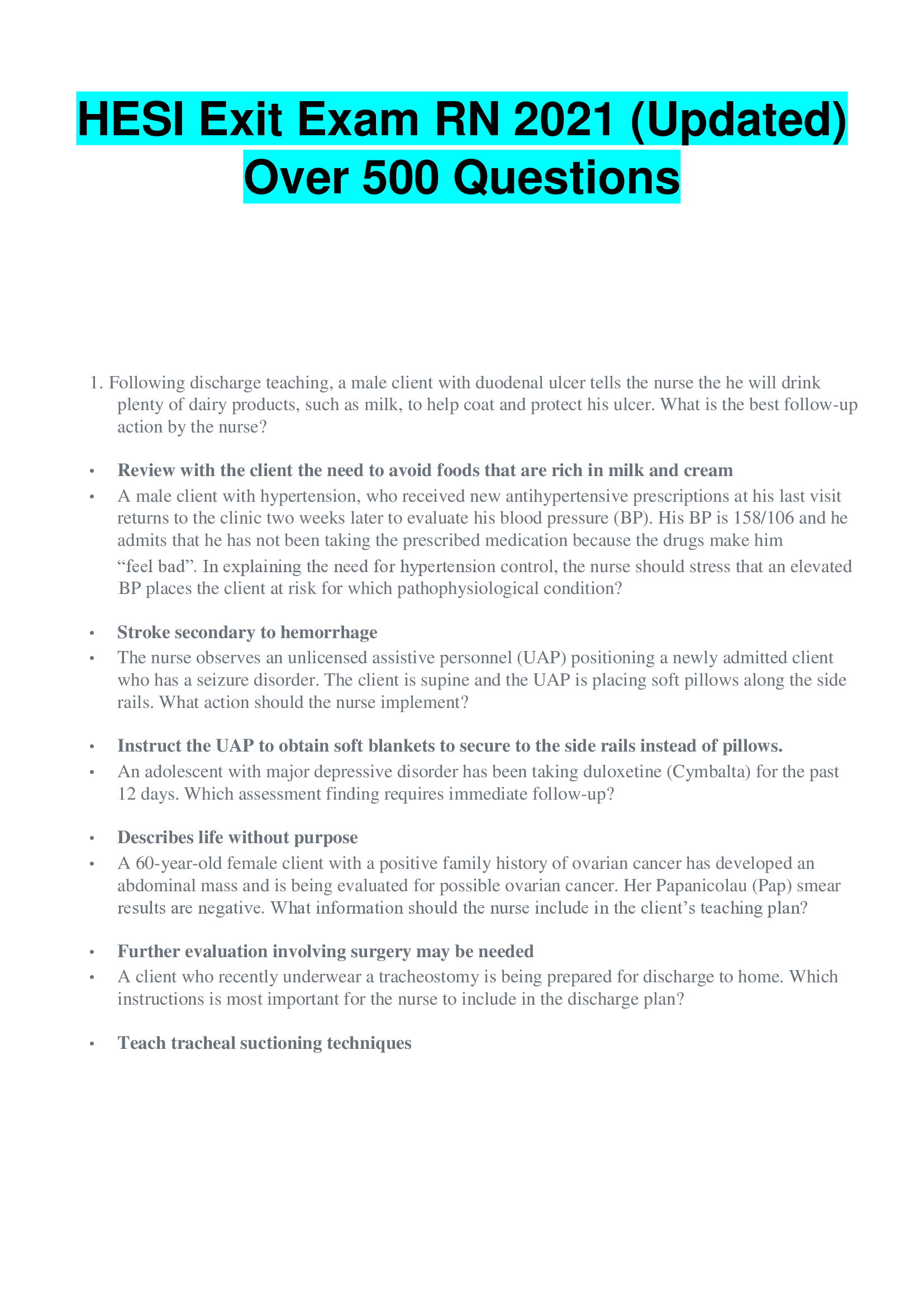 HESI Exit Exam RN (Updated) Over 500 Questions