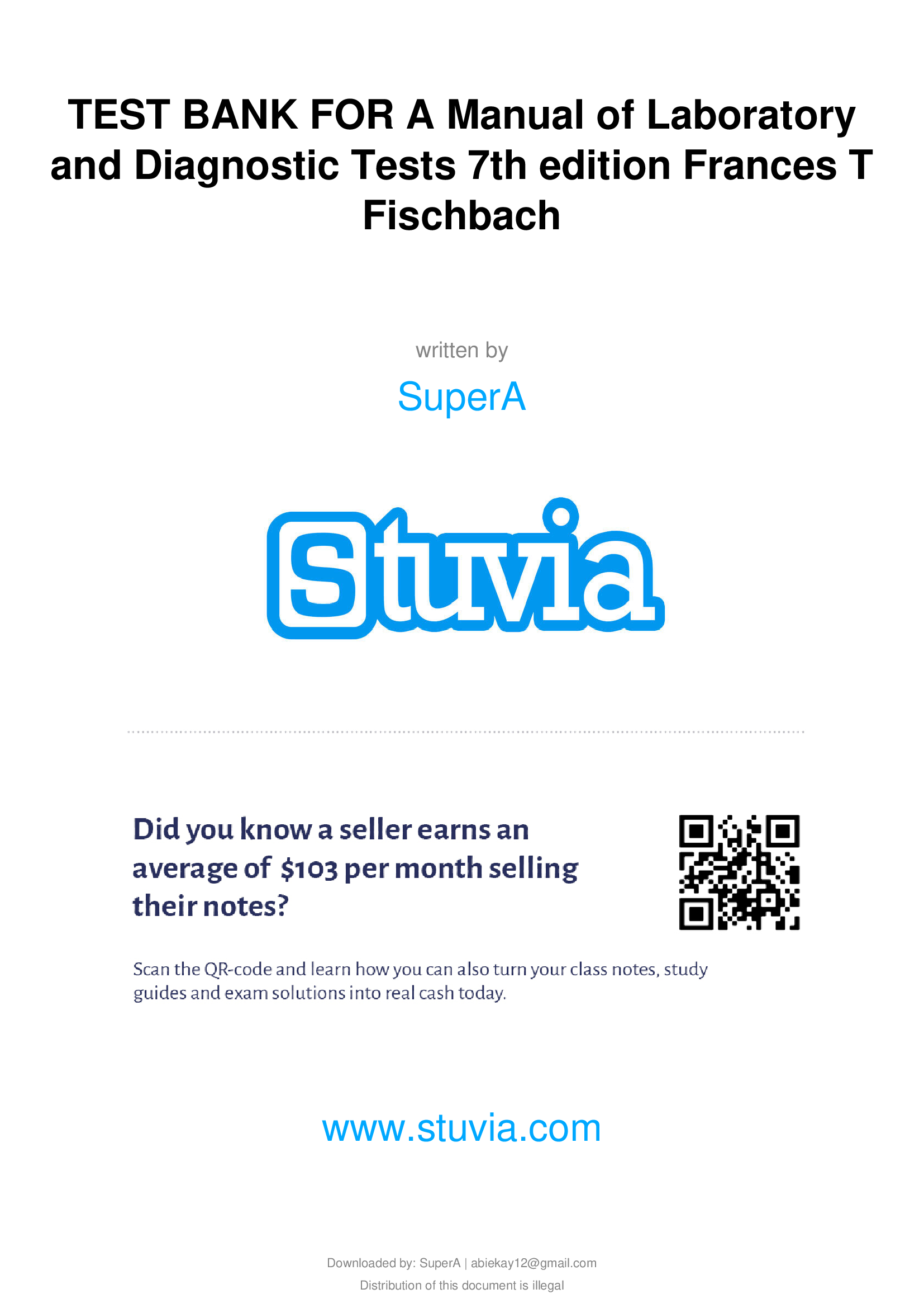 Test Bank for A Manual of Laboratory and Diagnostic Tests 7th edition Frances T Fischbach