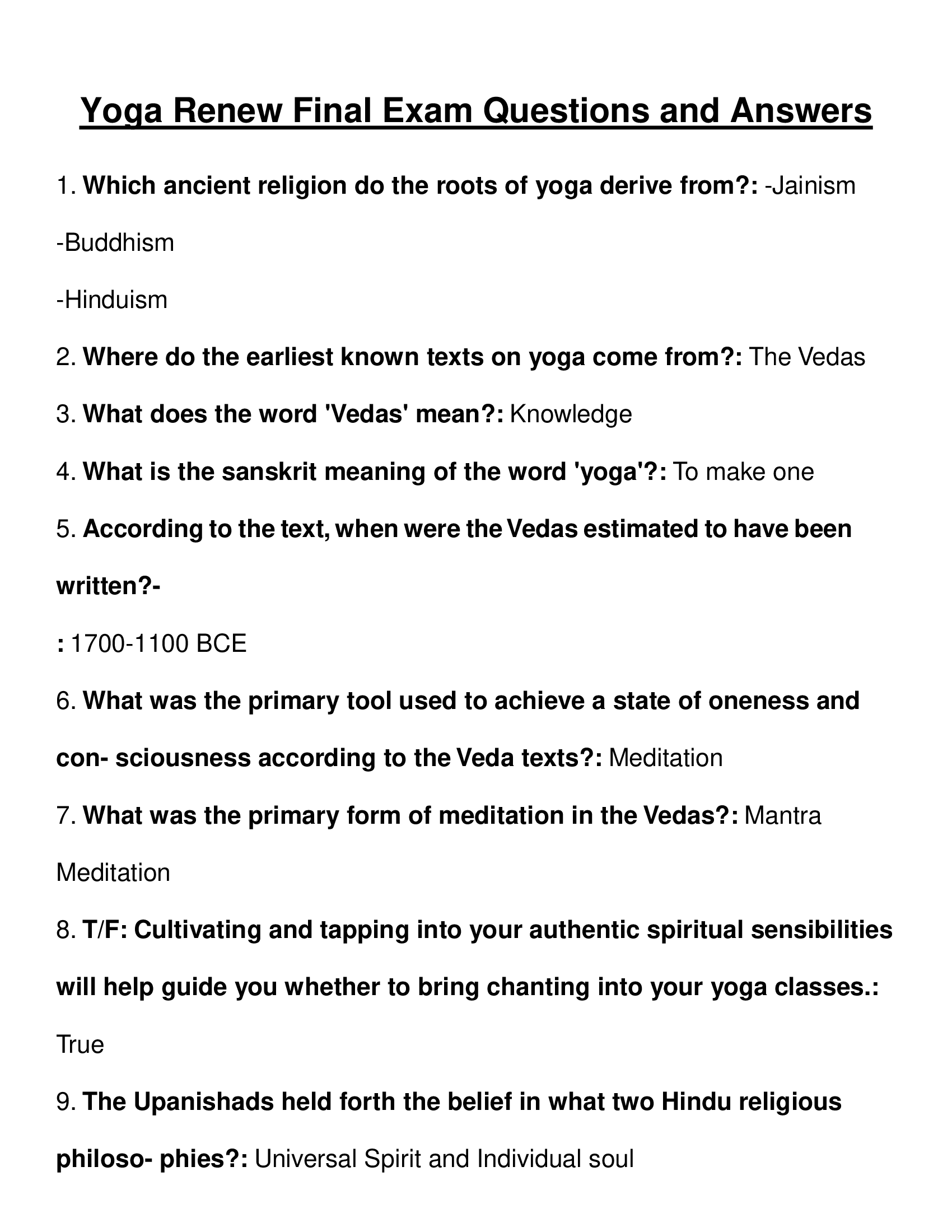 Yoga Renew Final Exam Questions and Answers 2023