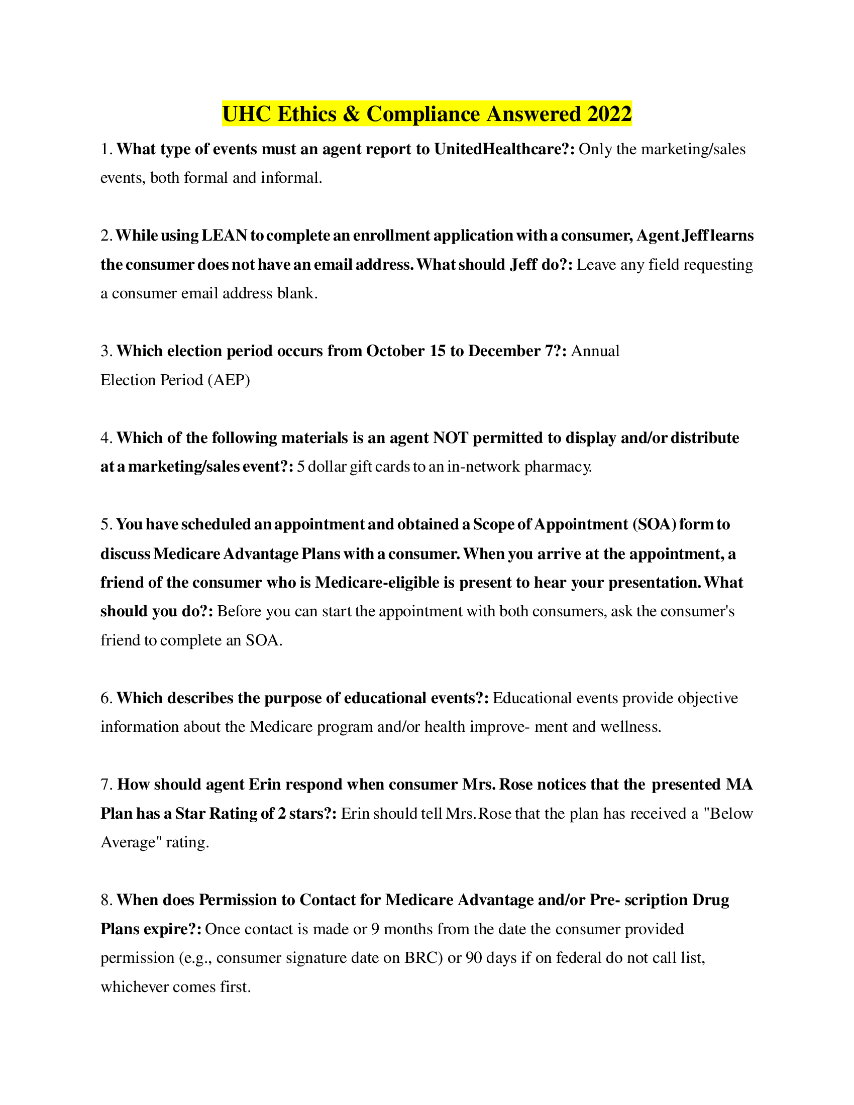 UHC Ethics & Compliance Answered 2022