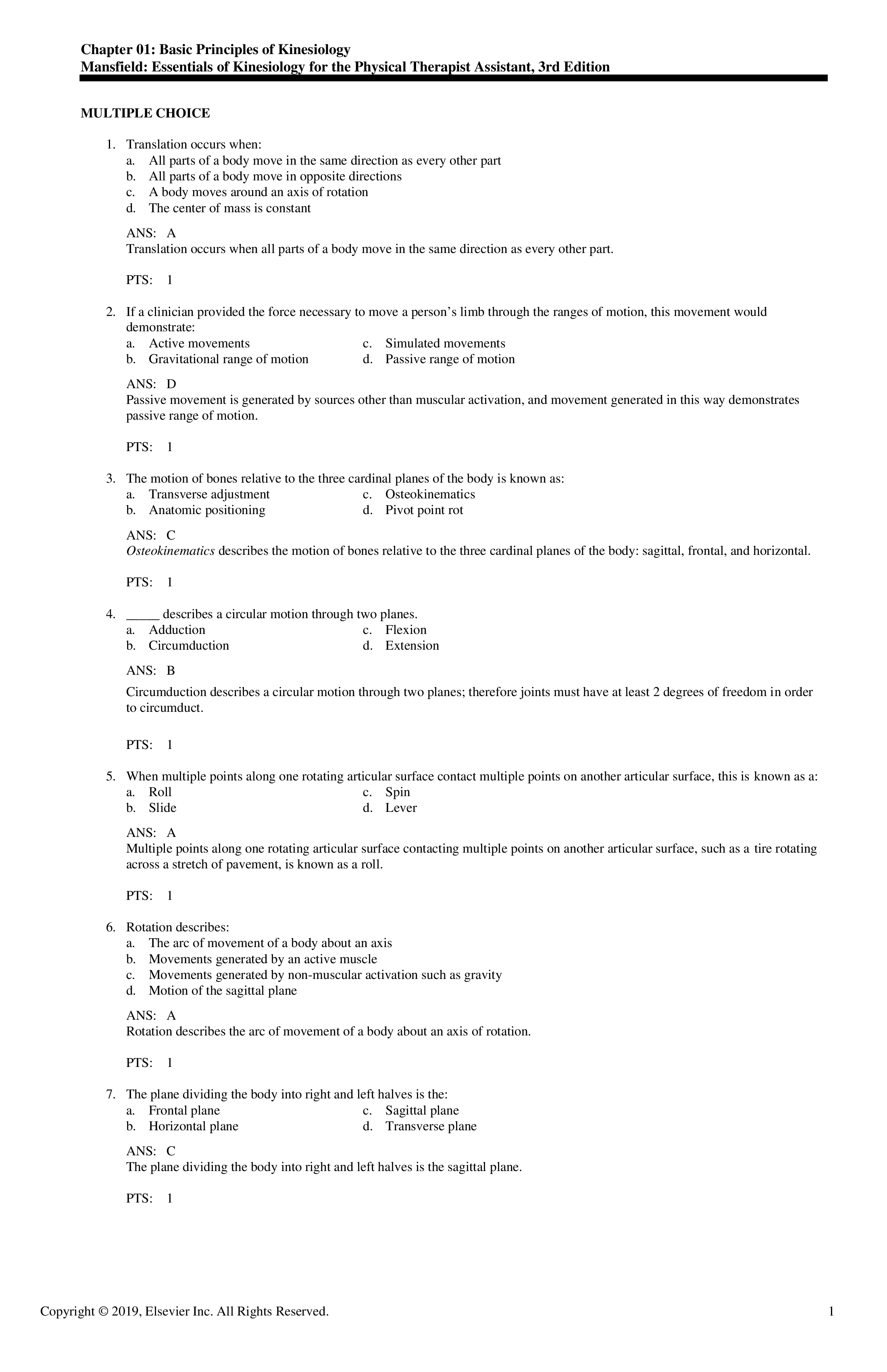 Test Bank for Essentials of Kinesiology for the Physical Therapist Assistant 3rd Edition by Mansfield