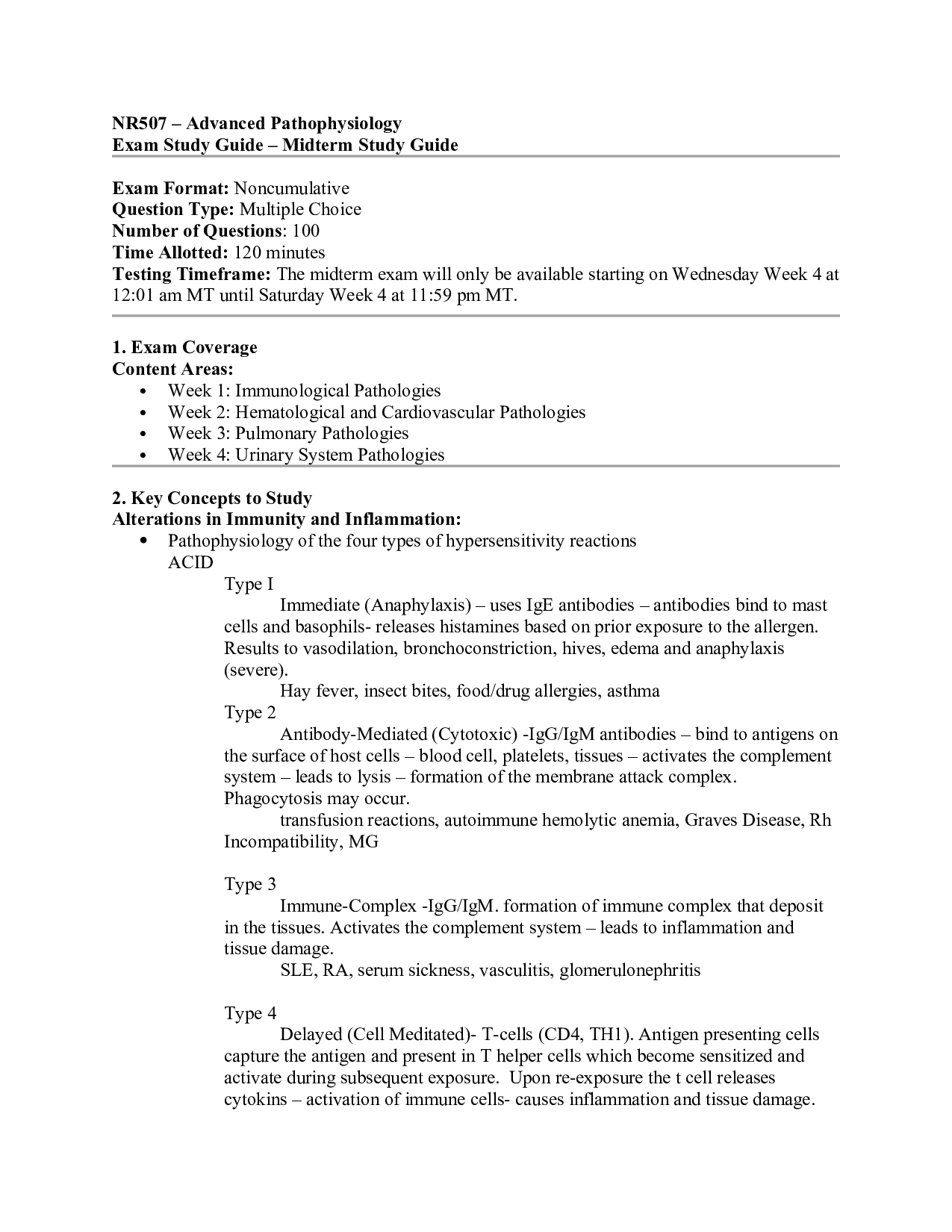 NR 507 Advanced Pathophysiology Midterm Study Guide | Weeks 1-4 | Chamberlain 2026