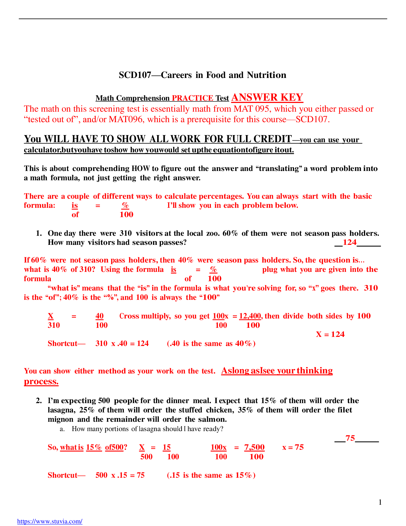 SCD107 Careers in Food and Nutrition Math Comprehension PRACTICE Test ANSWER KEY
