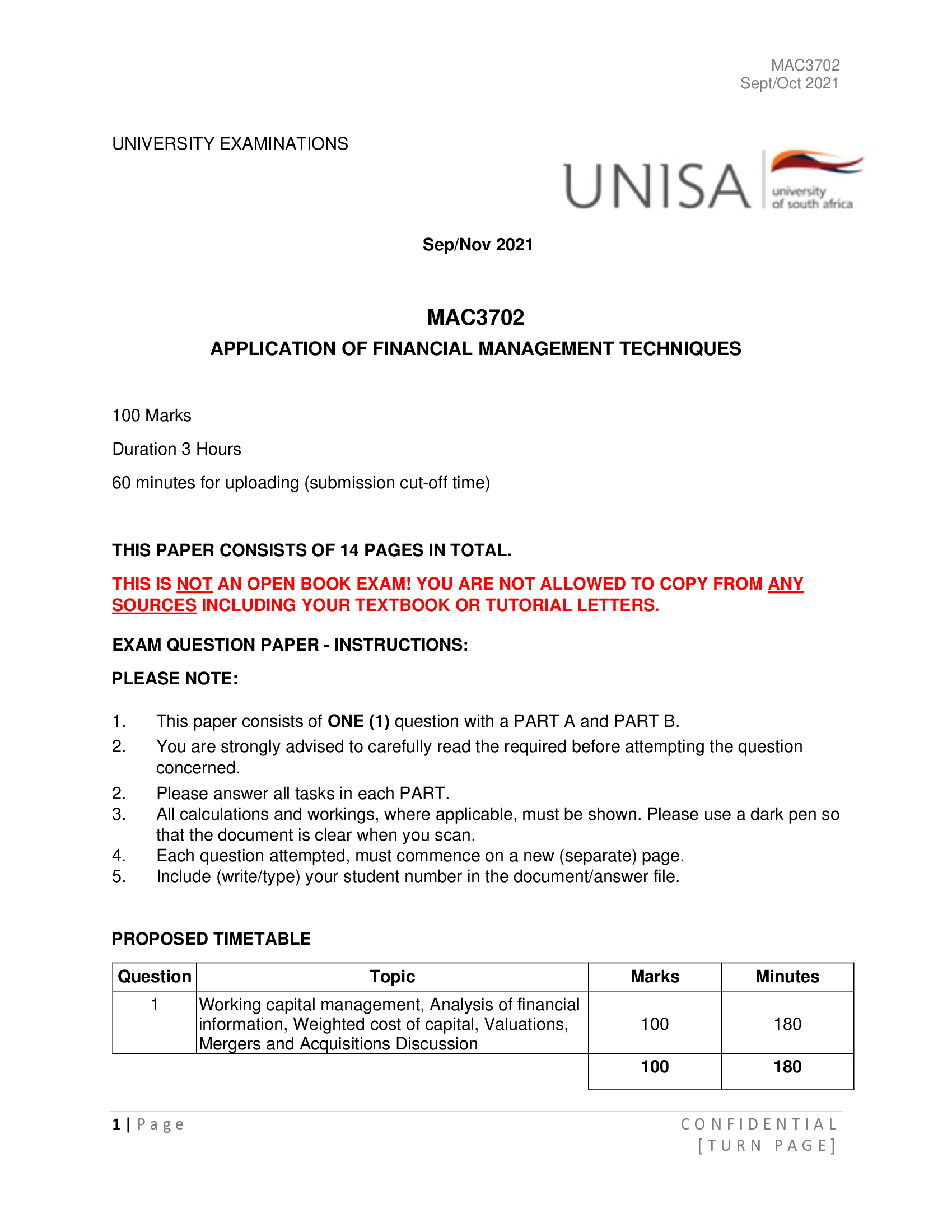 UNISA MAC3702 Application of Financial Management Techniques SEP, OCT Exam 2026
