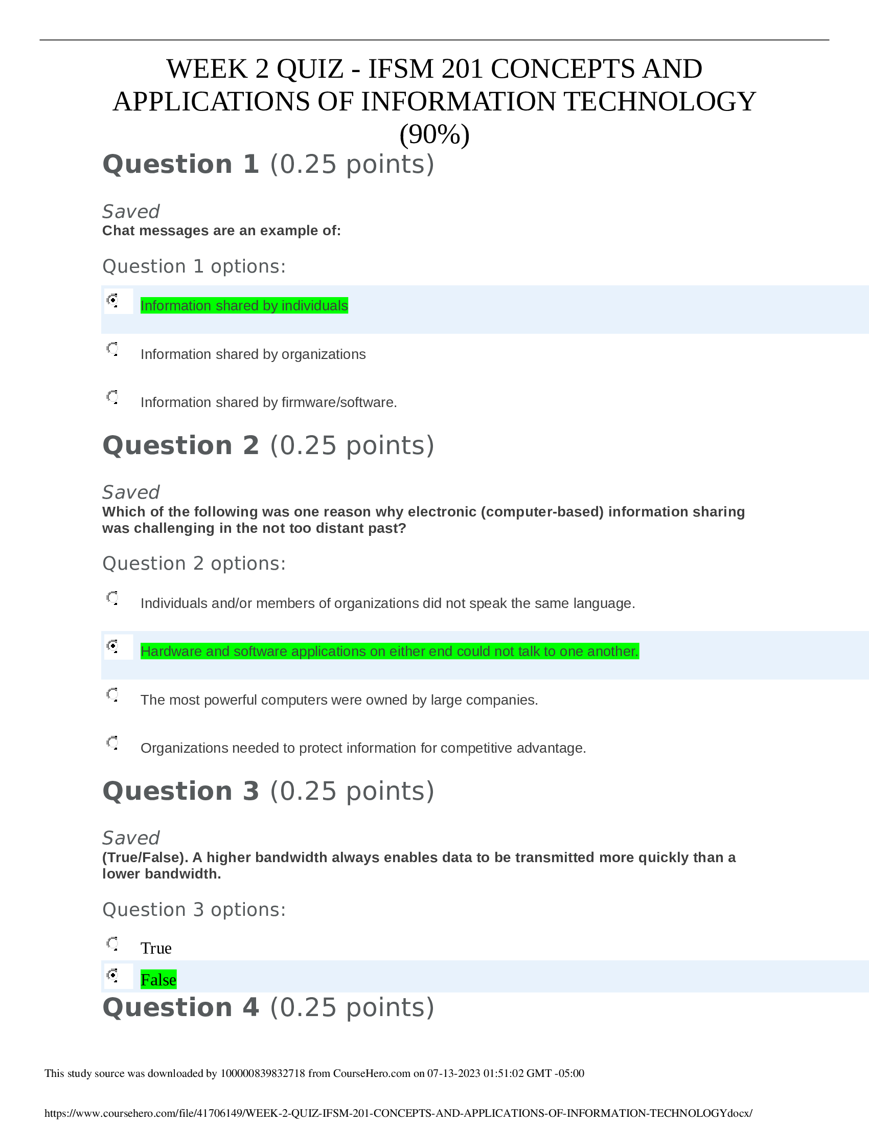 University of Maryland IFSM 201 week 2 quiz concepts and applications of information  technology