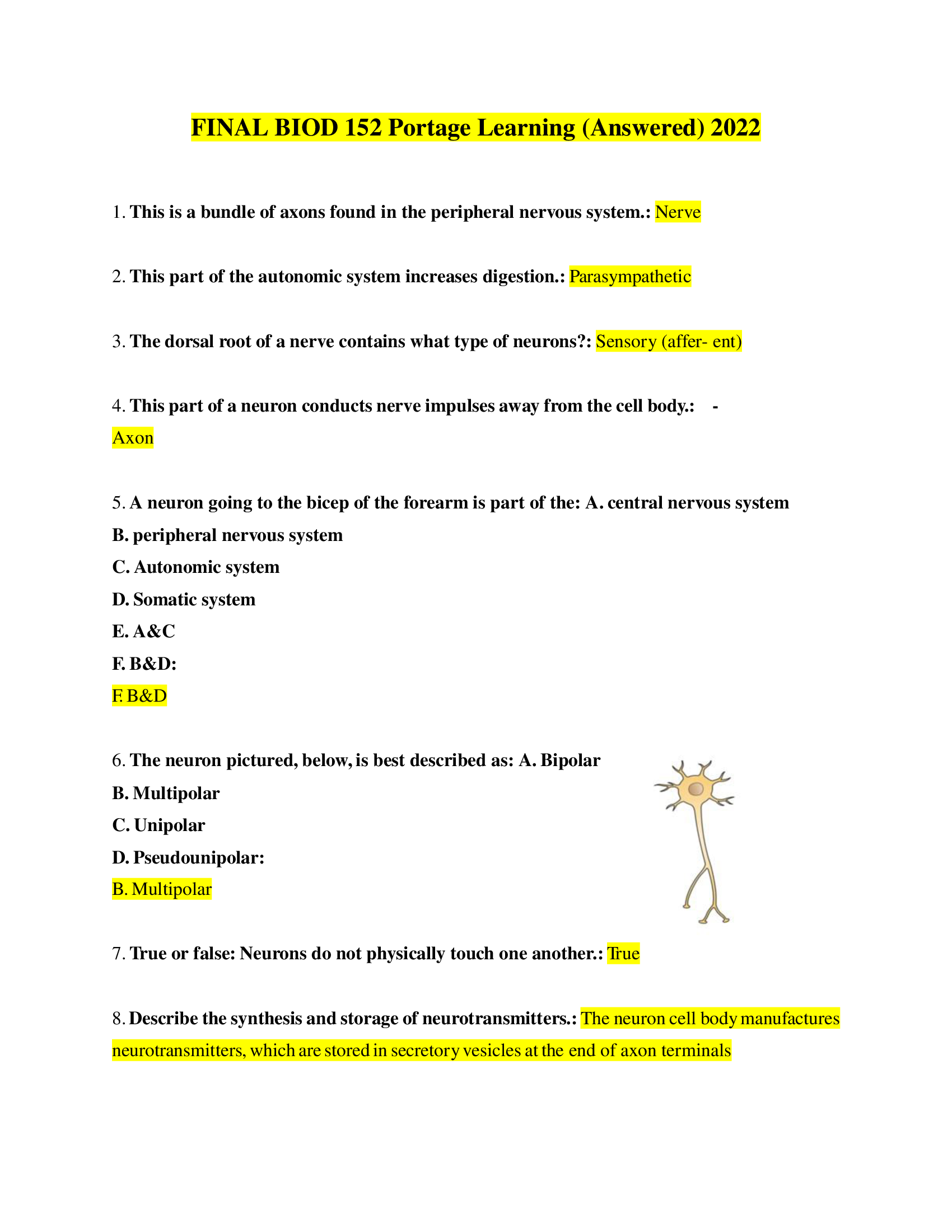 FINAL BIOD 152 Portage Learning (Answered)