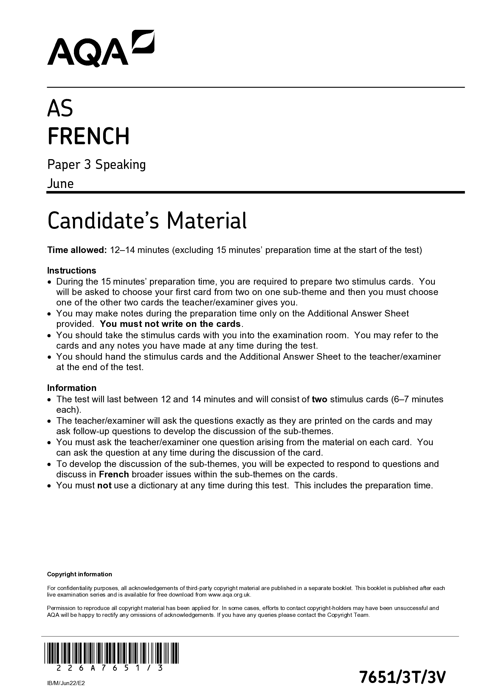 AQA AS FRENCH Paper 3 Speaking Marking Scheme June 2026