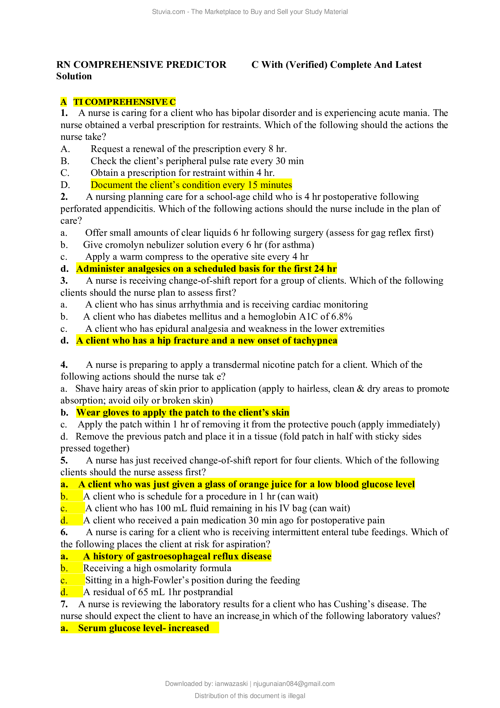 RN COMPREHENSIVE PREDICTOR 2020 C With (Verified) Complete And Latest Solution