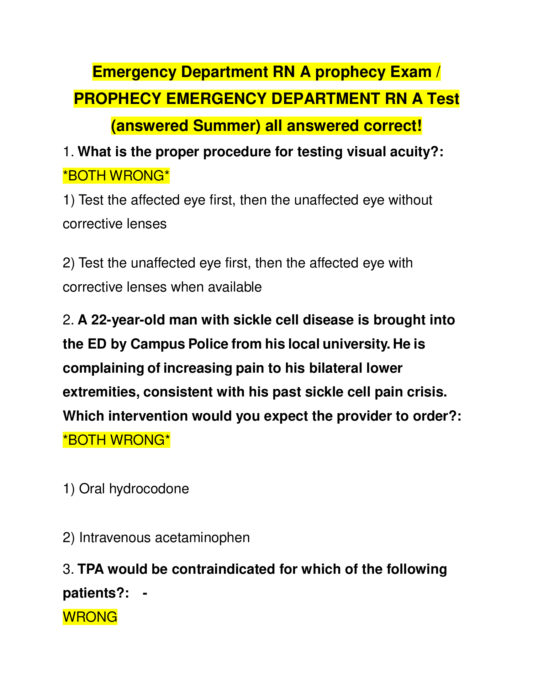 Emergency Department RN A prophecy Exam 2022