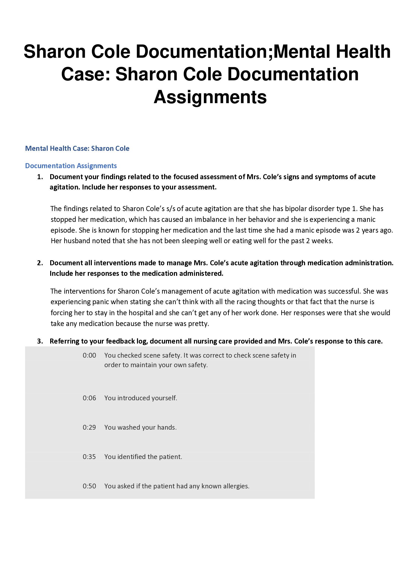 Sharon Cole Documentation Mental Health Case Sharon Cole Documentation Assignments