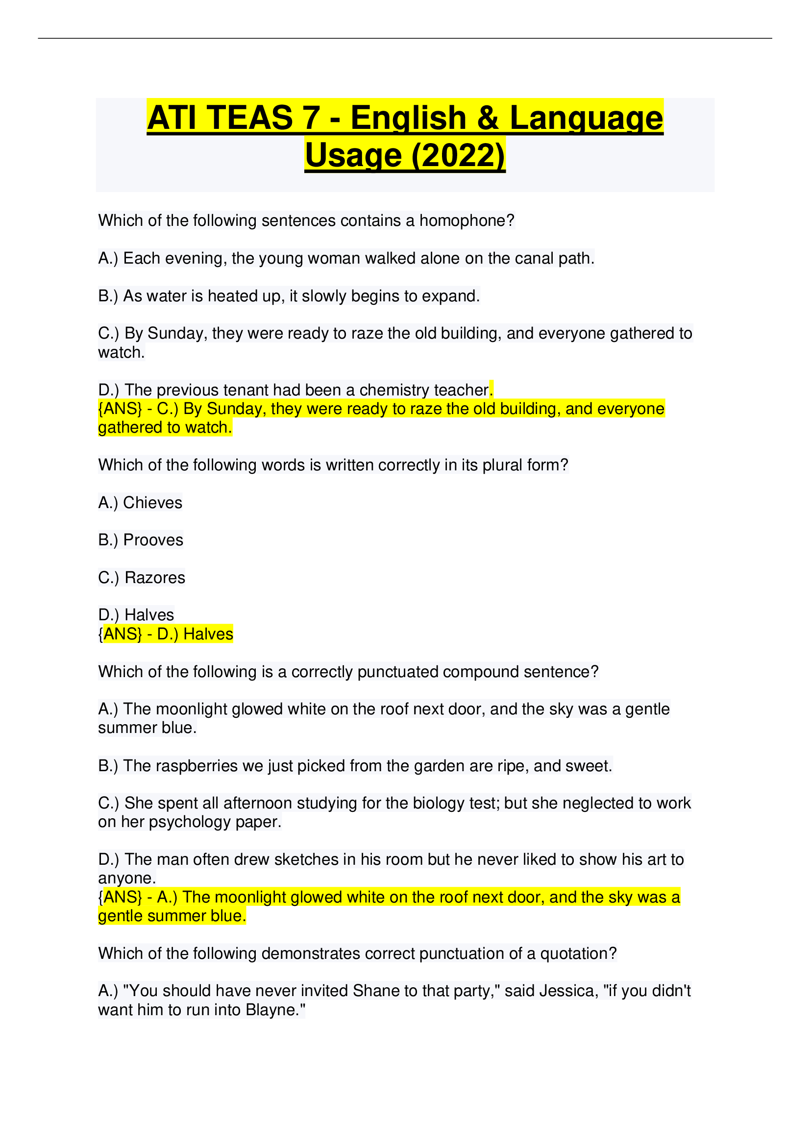 ATI TEAS 7 English & Language Usage Latest Version 2026