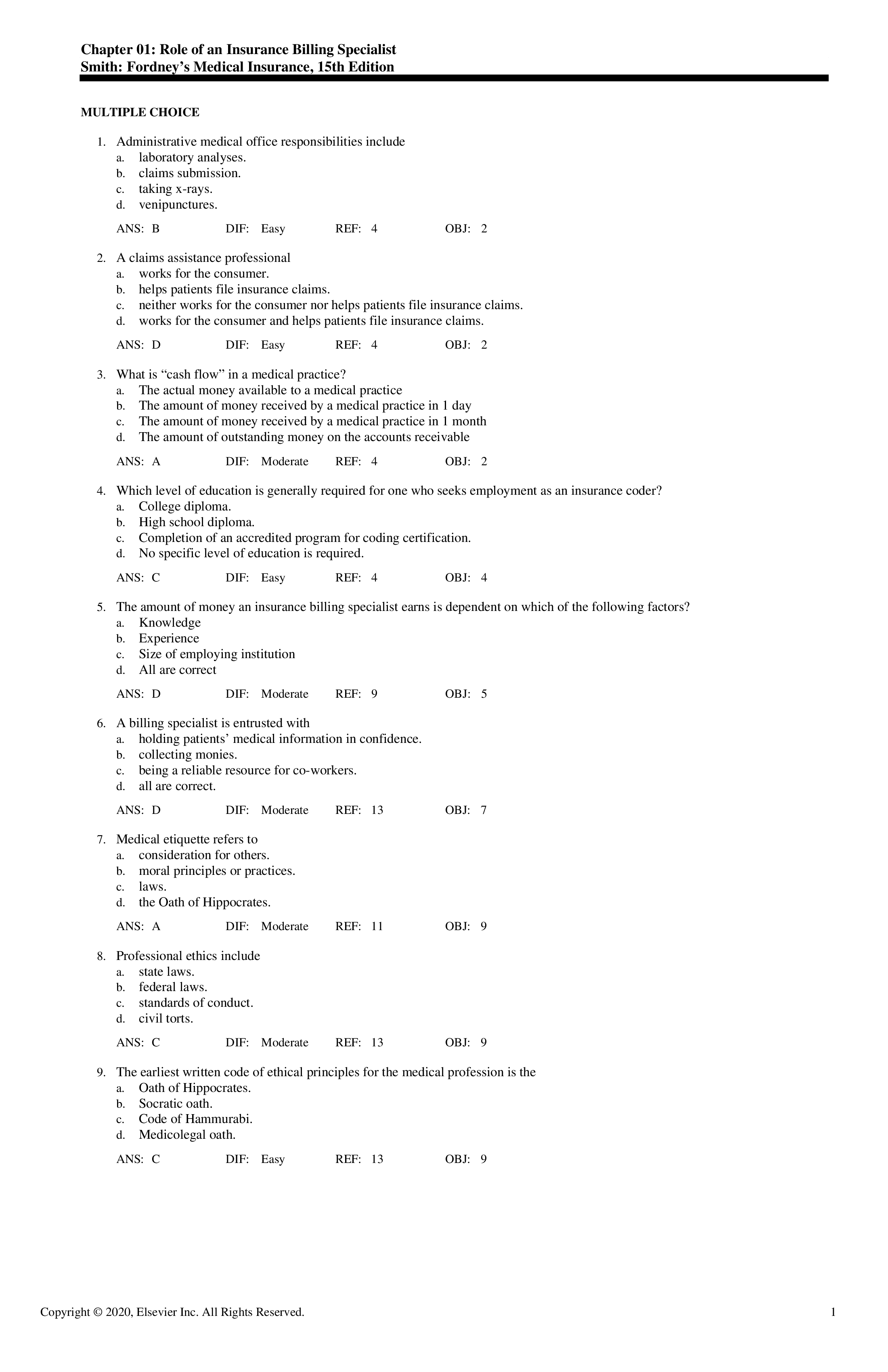 Test Bank for Fordneys Medical Insurance 15th Edition by Smith Updated