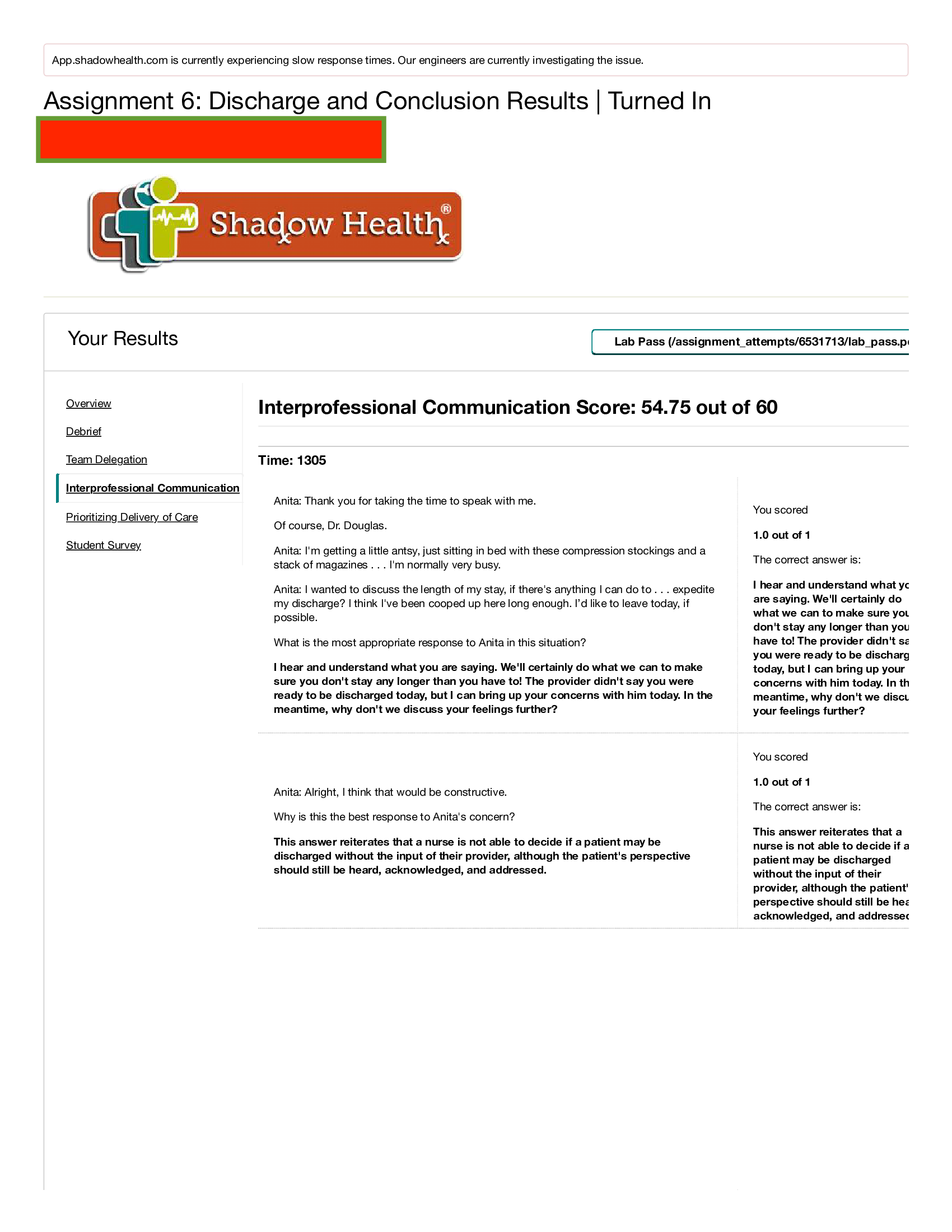 Assignment 6 Discharge and Conclusion interprofessional communication Shadow Health