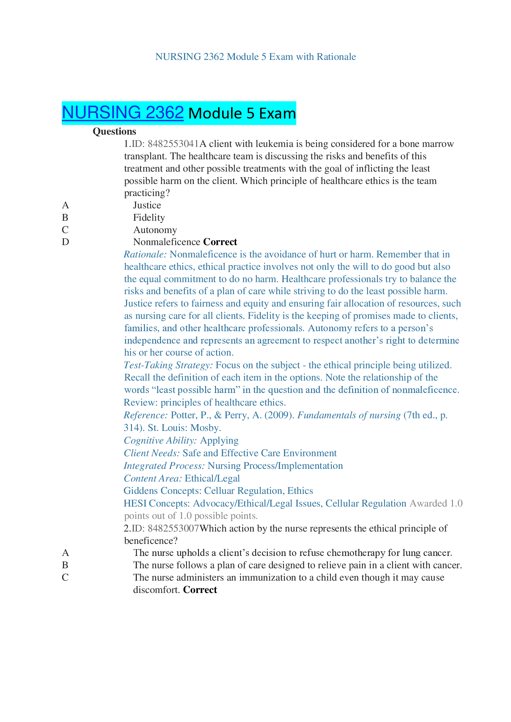NURSING 2362 Module 5 Exam with Rationale