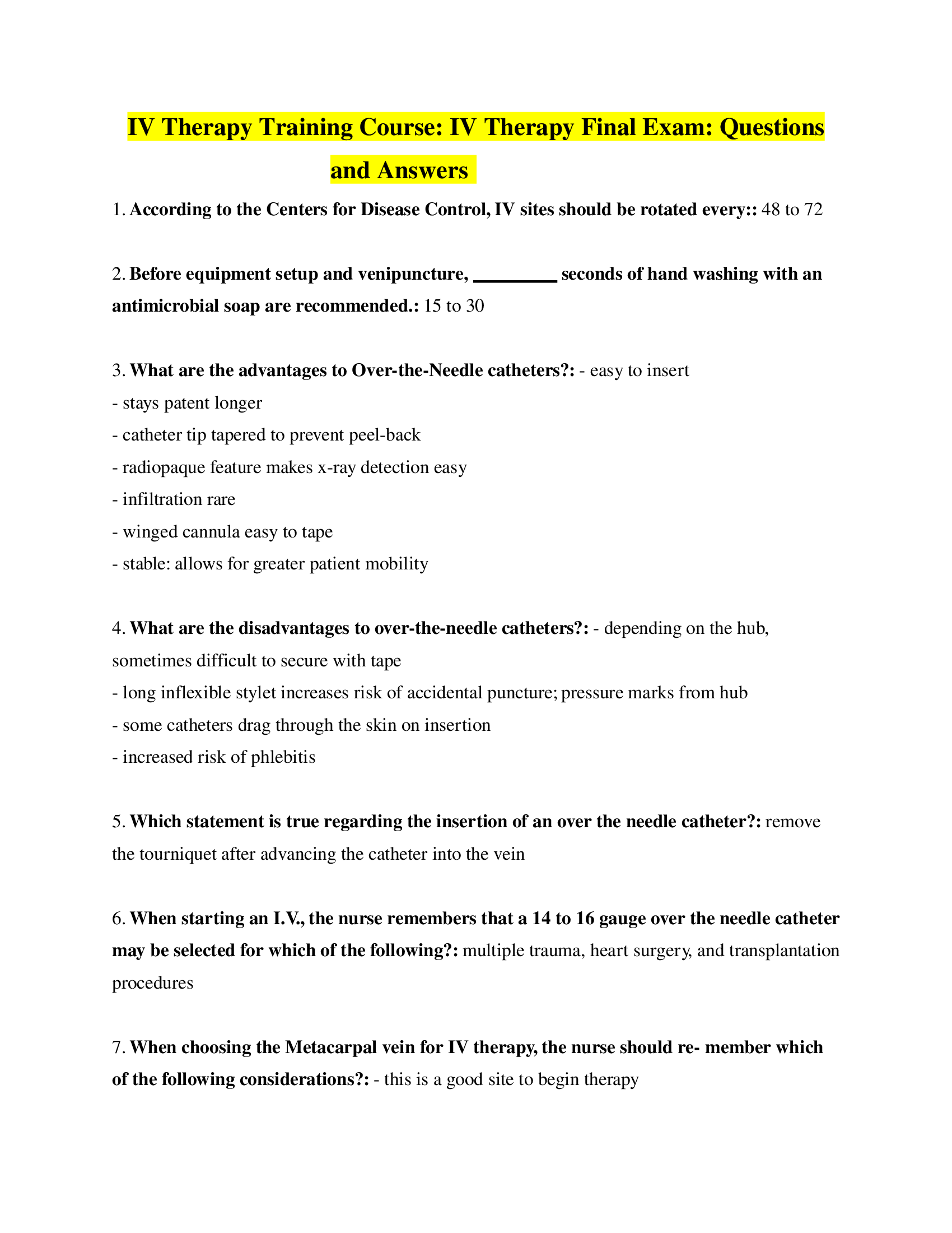 IV Therapy Training Course: IV Therapy Final Exam: Questions and Answers (2024 Real Exam)