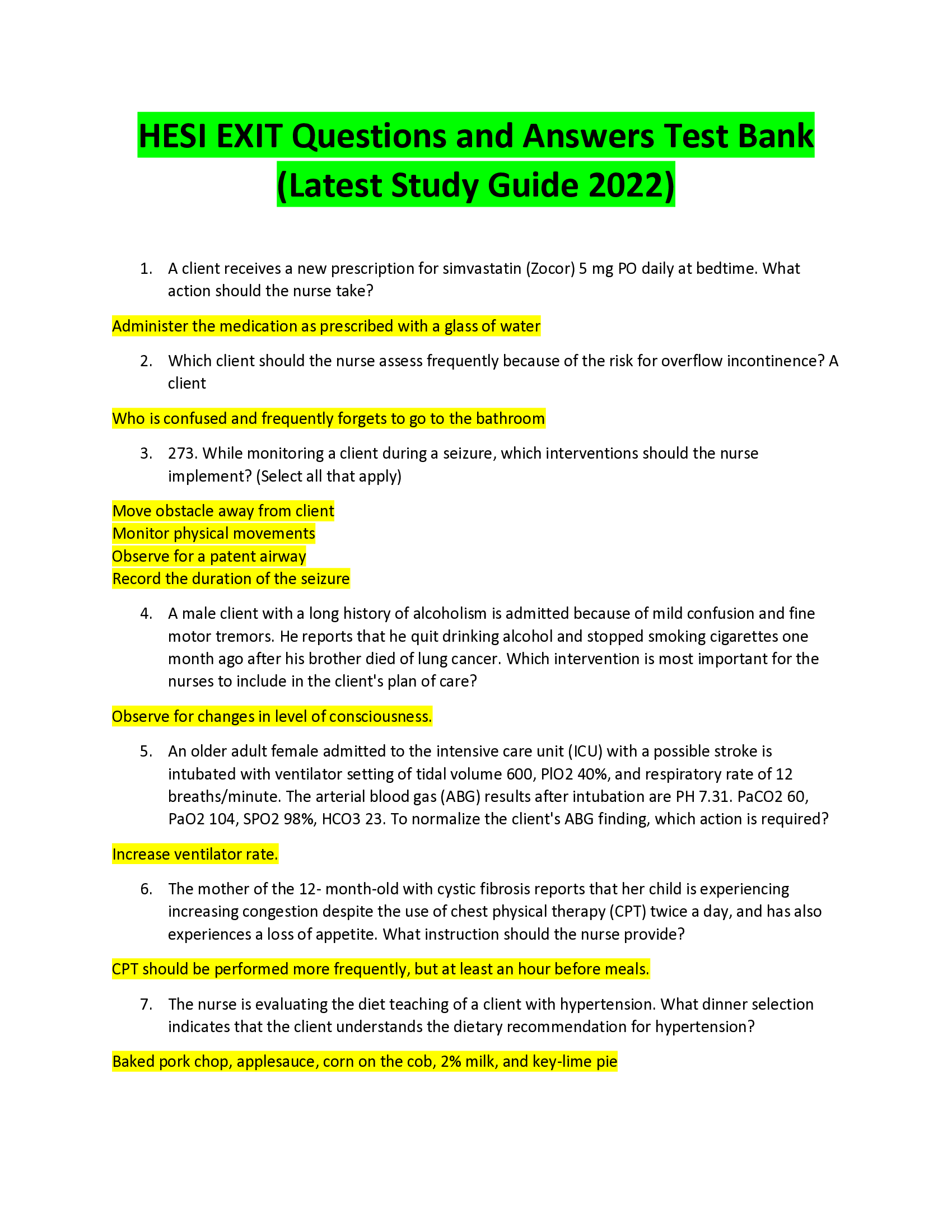 HESI EXIT Questions and Answers Test Bank (Latest Study Guide)