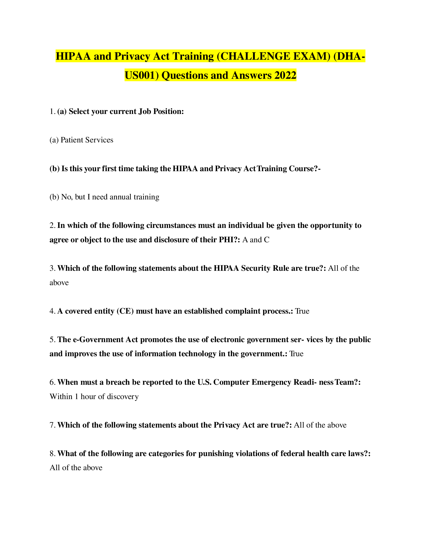 HIPAA and Privacy Act Training (CHALLENGE EXAM) (DHA-US001) Questions and Answers 2022