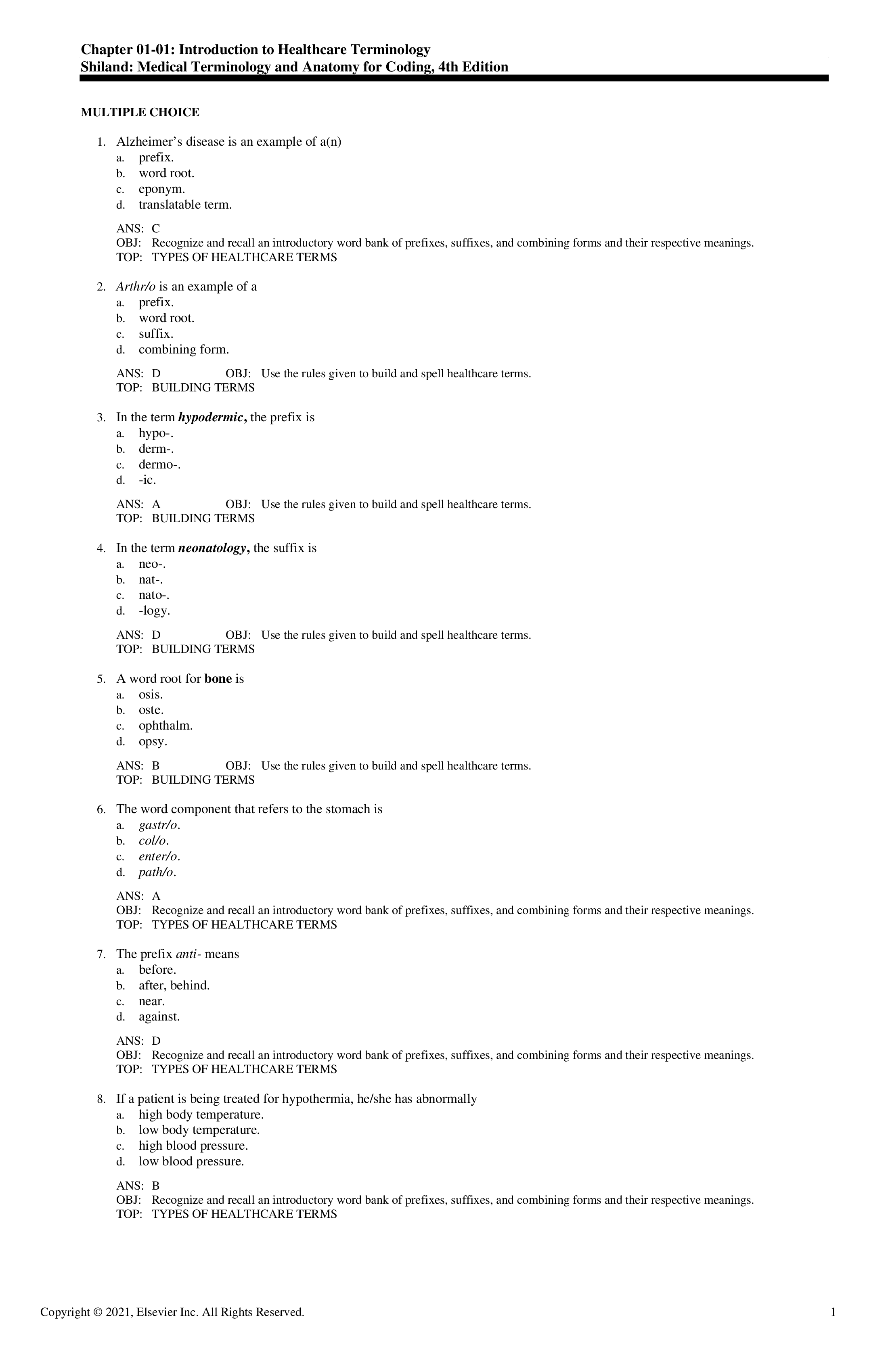 Test Bank for Medical Terminology and Anatomy for Coding 4th Edition by Shiland