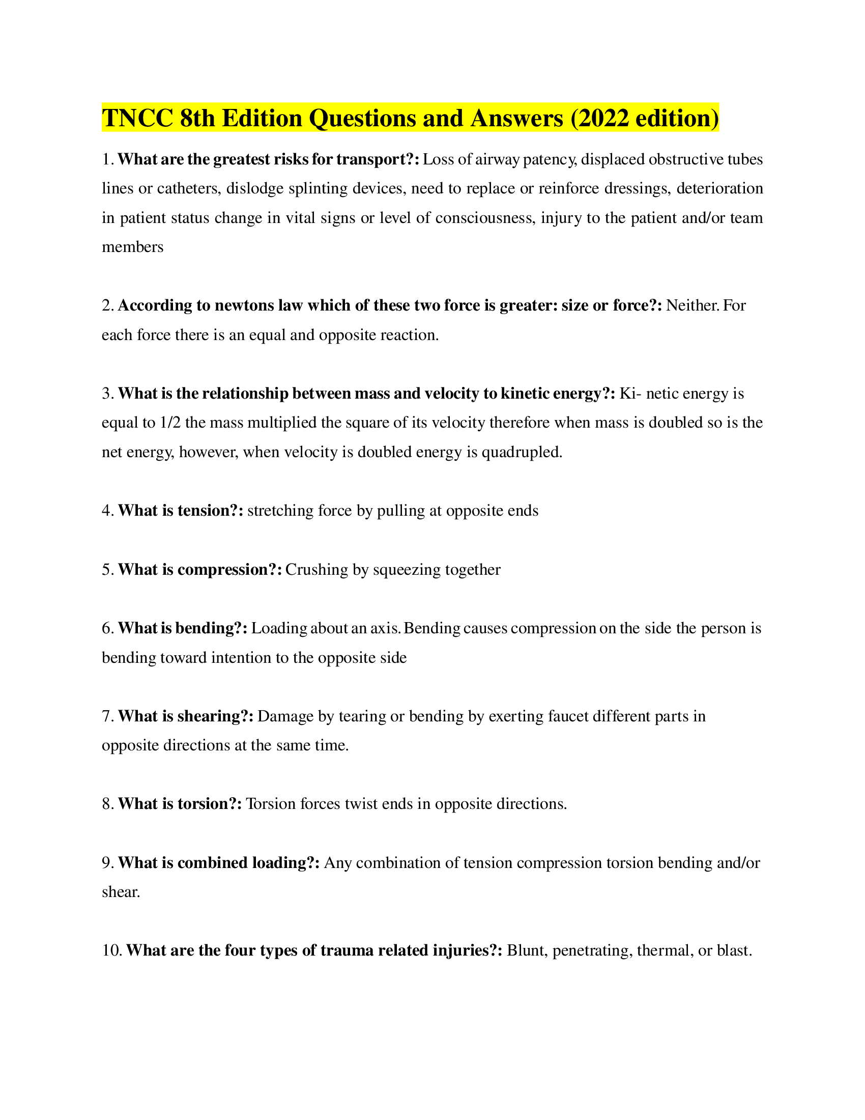 TNCC 8th Edition Questions and Answers (2026 edition)