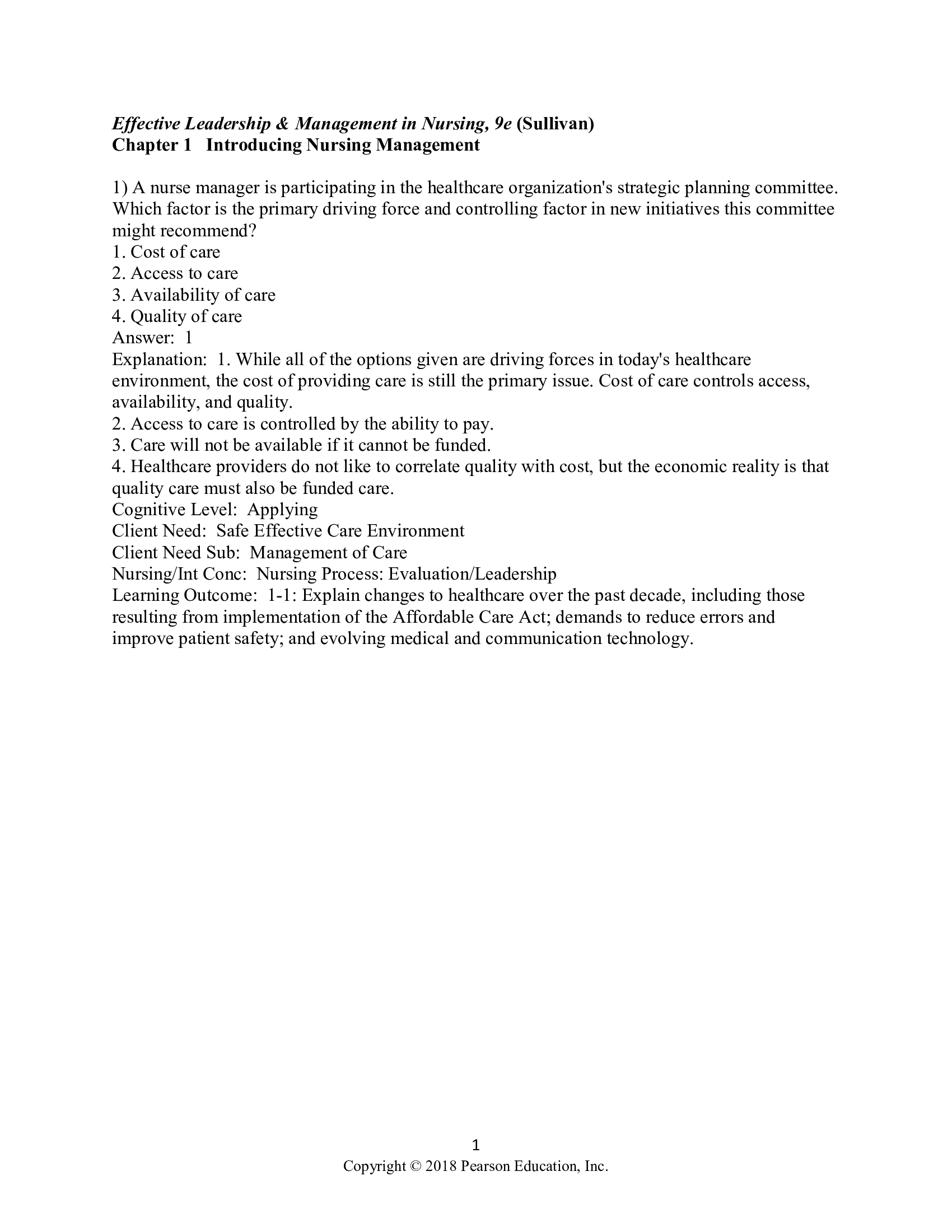 Test Bank for Effective Leadership and Management in Nursing 9th Edition by Sullivan