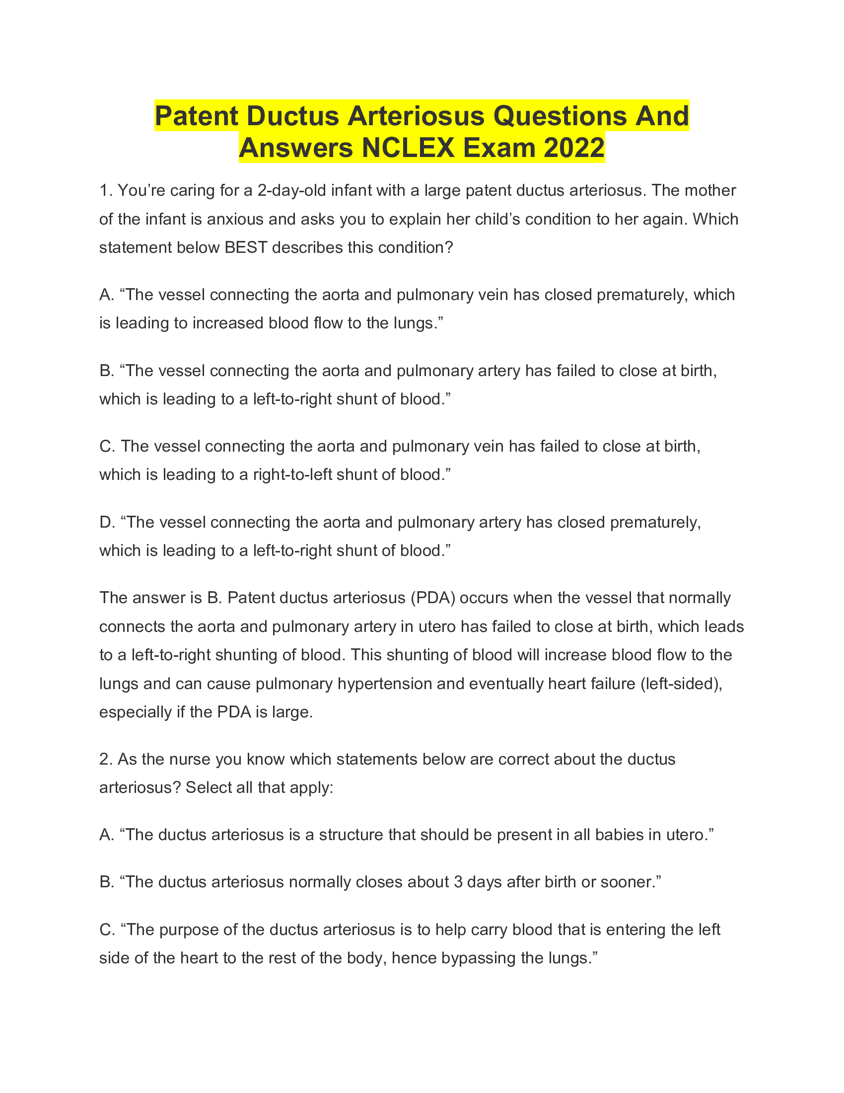 Patent Ductus Arteriosus Questions And Answers NCLEX Exam 2022