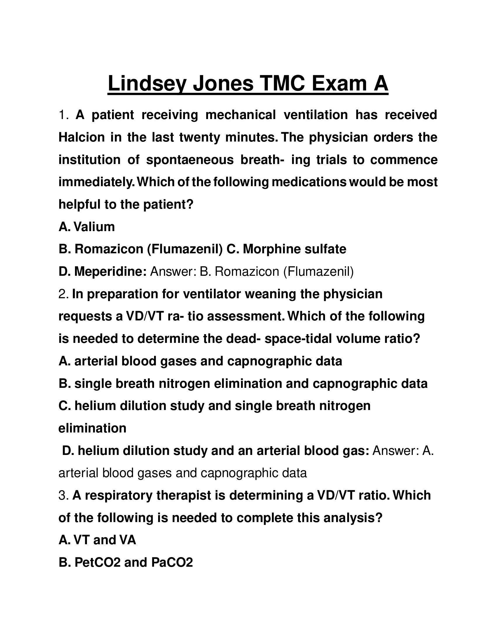 Lindsey Jones TMC Exam A – Full Practice Questions and Answers for Respiratory Therapy (NBRC TMC Prep, 2026)
