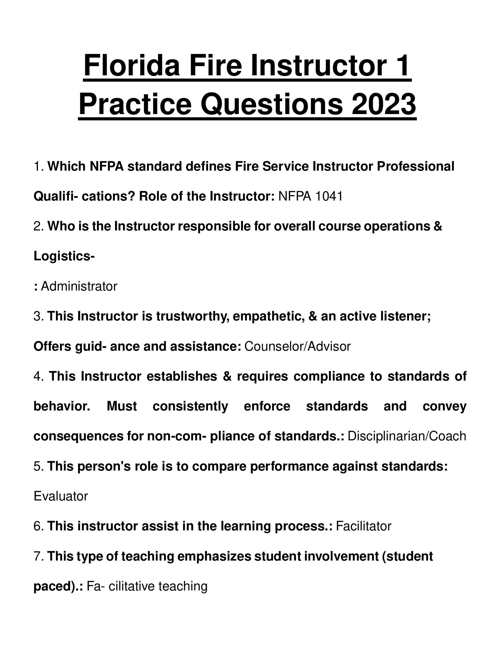 Florida Fire instructor 1 practice questions 2023