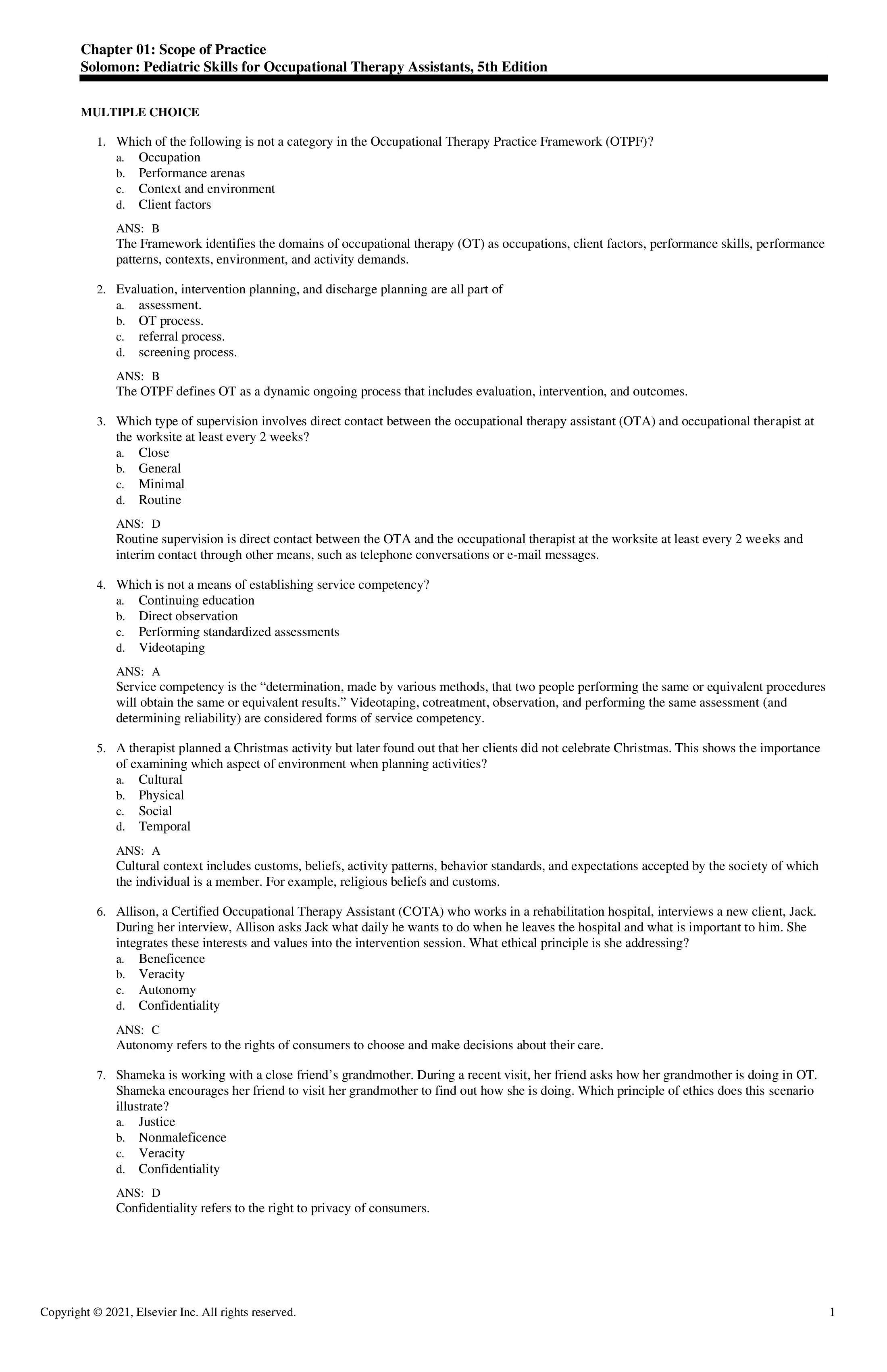 Test Bank for Pediatric Skills for Occupational Therapy Assistants 5th Edition by Solomon