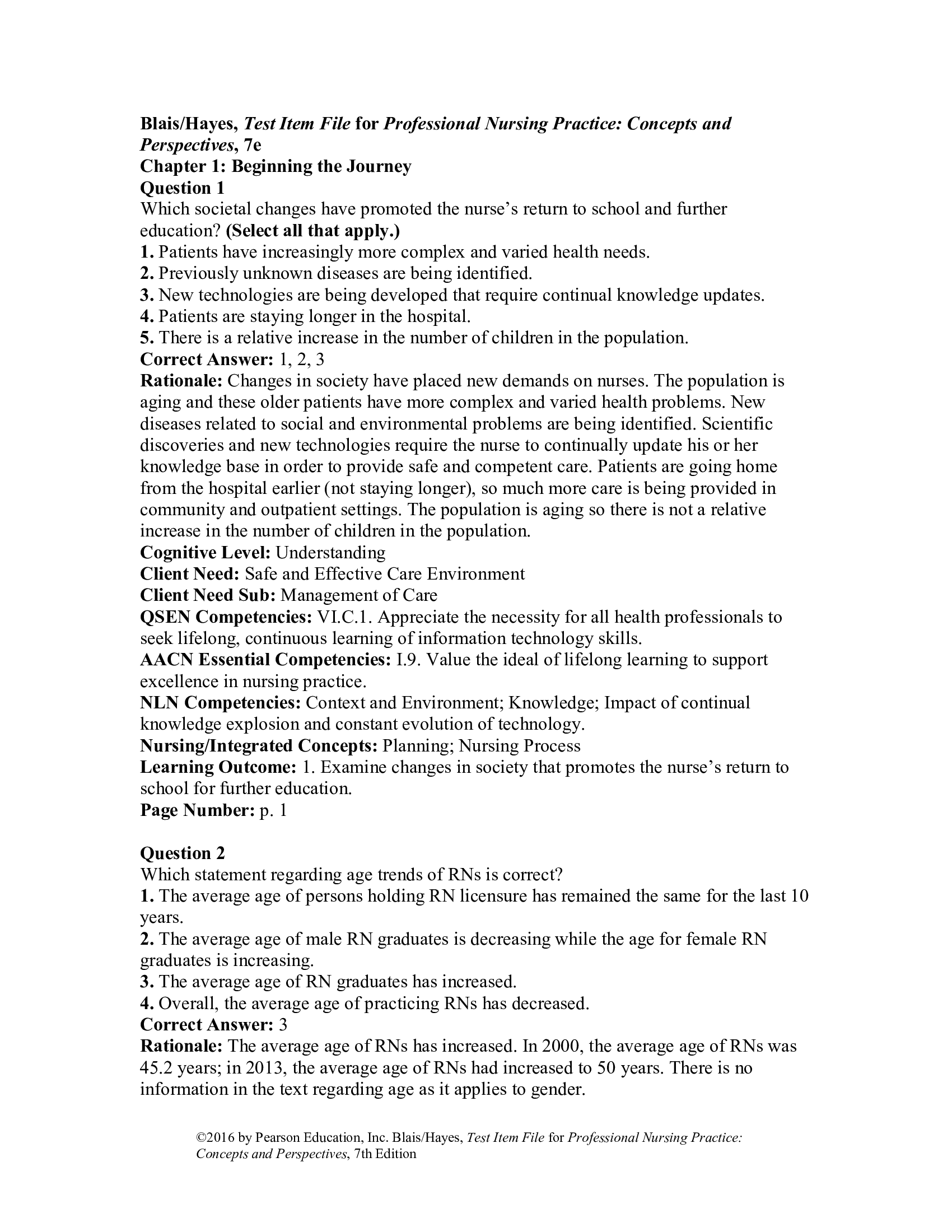 Test Bank for Professional Nursing Practice 7th Edition by Blais