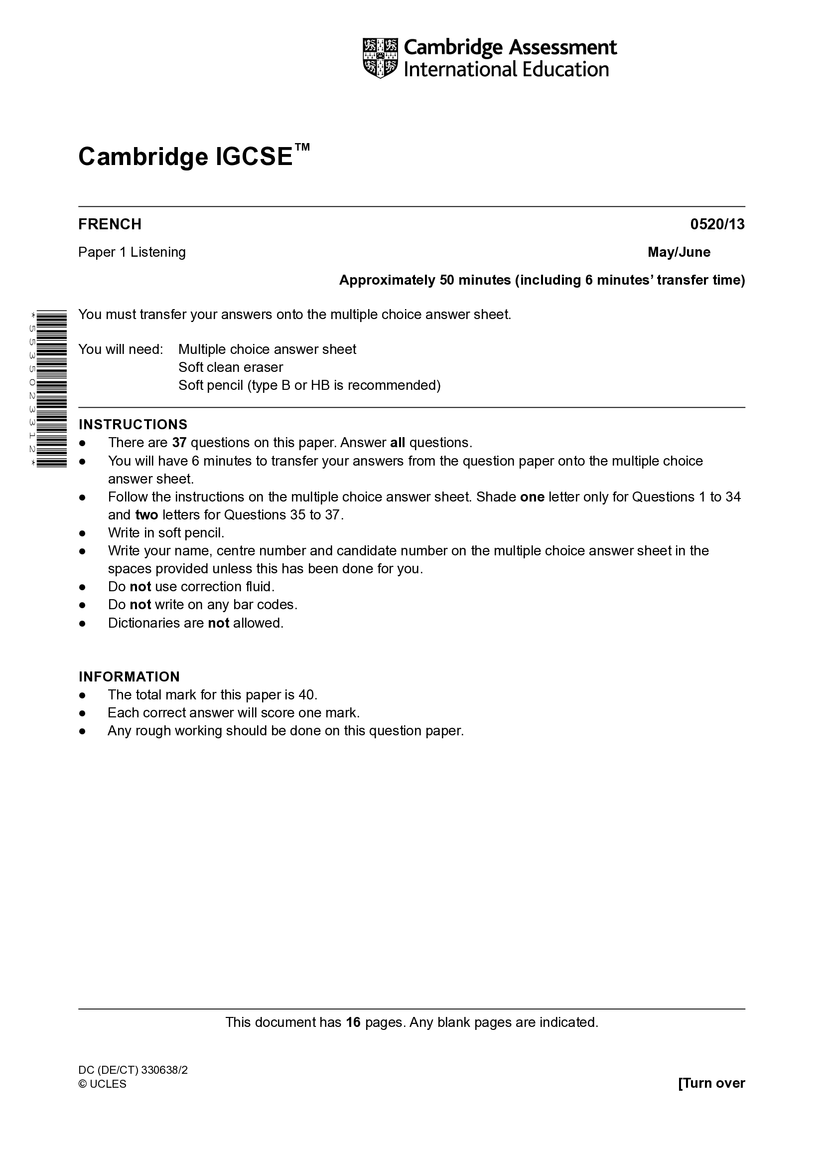 Cambridge IGCSE French 0520|13 Paper 1 Listening May,June 2026